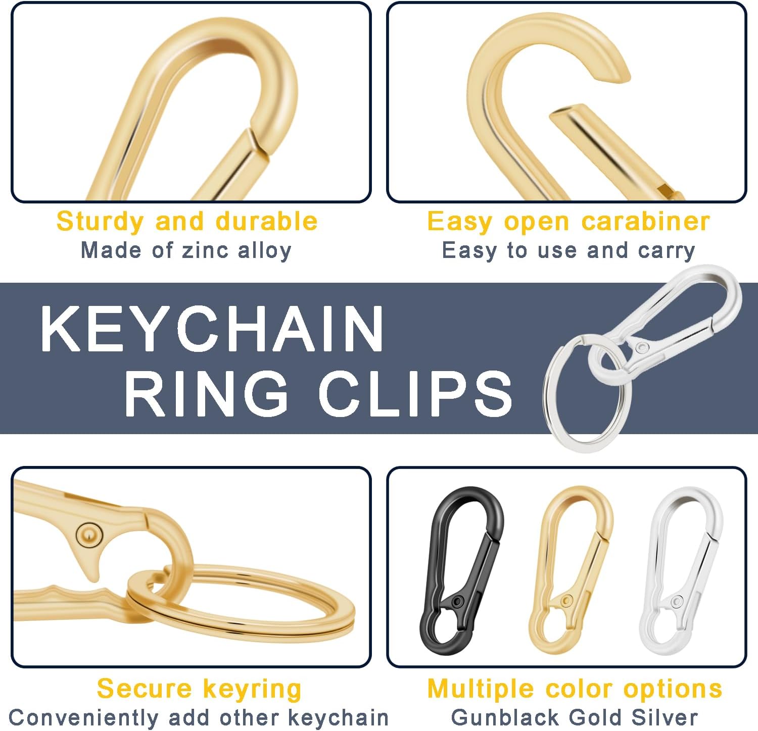 4Pack Small Keychain Rings, Metal Key Carabiner Clip, Mini EDC Key Ring Chain Holder Organizer for Purse Charm Hook, Car Keychain, Paracord Keychain Lanyard, Men and Women Key Fob Light Gold
