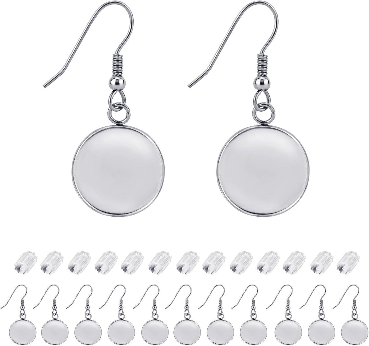 Earring Kit 30pcs Blank Ear Wire Hook 14mm Stainless Steel Cabochon Setting Earring Bezel with Rubber Backs for Cabochon Resin DIY Earwire Making 14mm, 30pcs