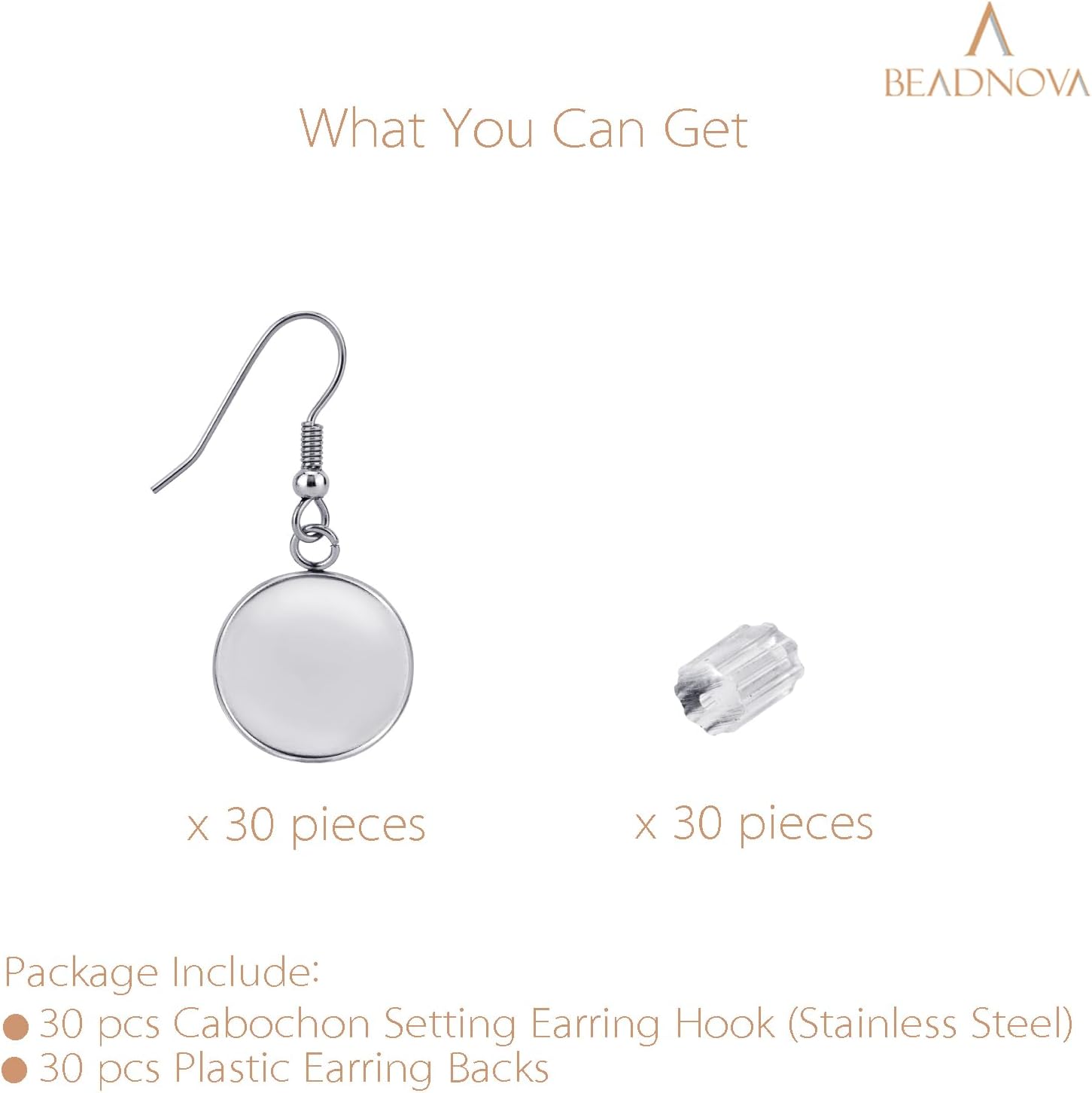Earring Kit 30pcs Blank Ear Wire Hook 14mm Stainless Steel Cabochon Setting Earring Bezel with Rubber Backs for Cabochon Resin DIY Earwire Making 14mm, 30pcs
