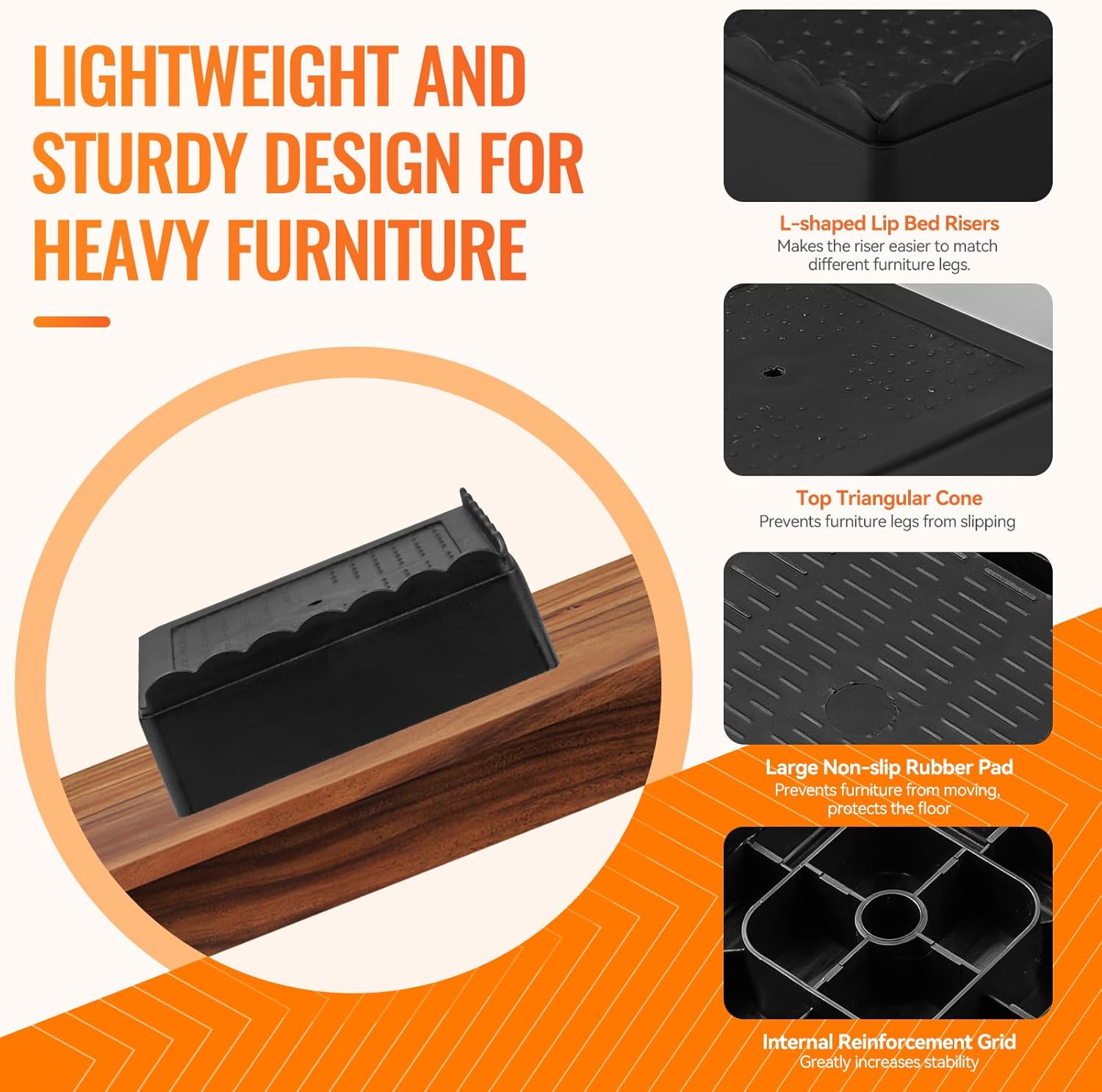 Furniture Risers, 4 Pack Bed Risers with Non-Slip Grip and Heavy Duty Support, 1 Inch 2 Inch 3 Inch 4 Inch Height Lift for Couch, Sofa, Table, Desk, Chair, Refrigerator - Black, 1 Inch