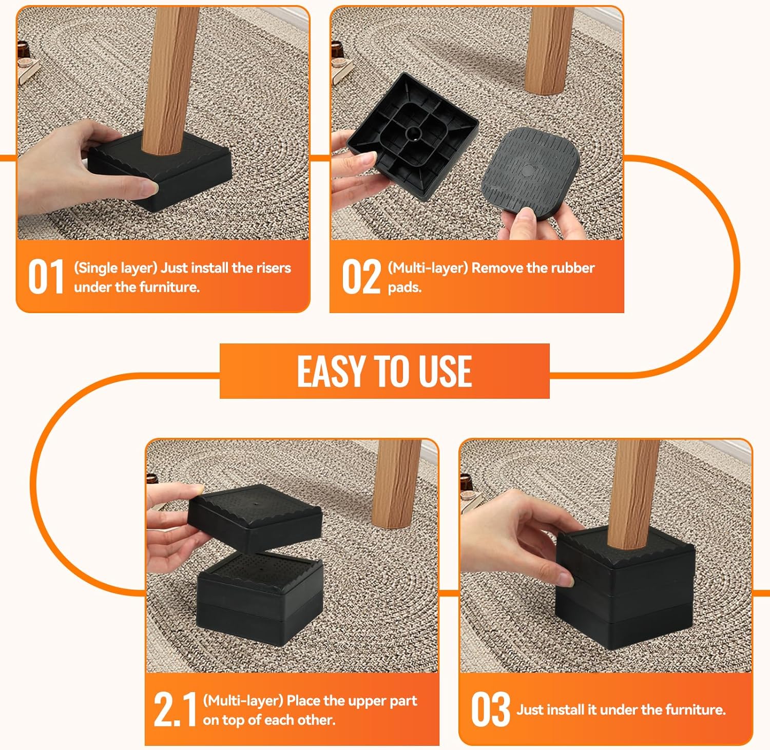 Furniture Risers, 4 Pack Bed Risers with Non-Slip Grip and Heavy Duty Support, 1 Inch 2 Inch 3 Inch 4 Inch Height Lift for Couch, Sofa, Table, Desk, Chair, Refrigerator - Black, 1 Inch