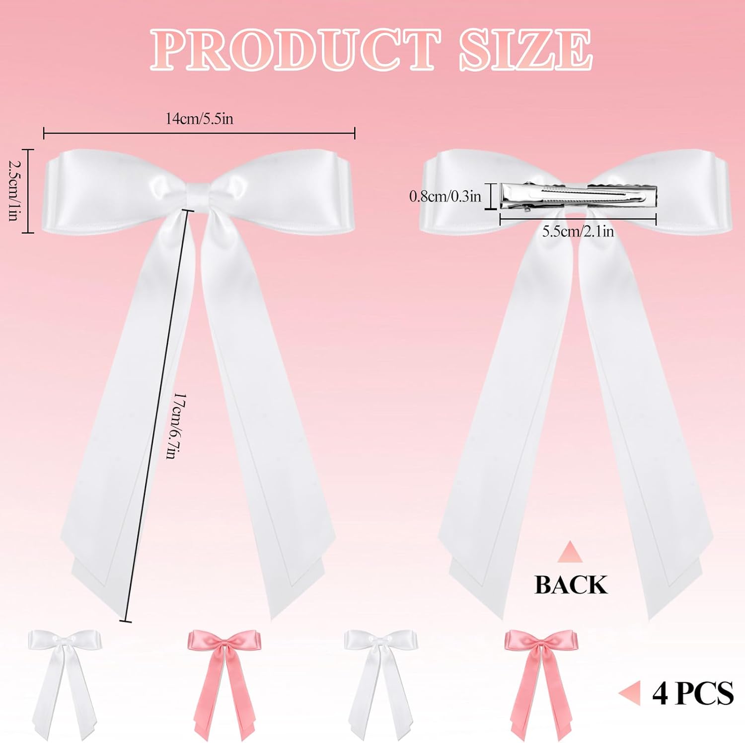 4pcs Solid Silky Satin Hair Accessories: Bows with Long Tails, Daily Wear Clips for Women and Girls, White and Black Gifts