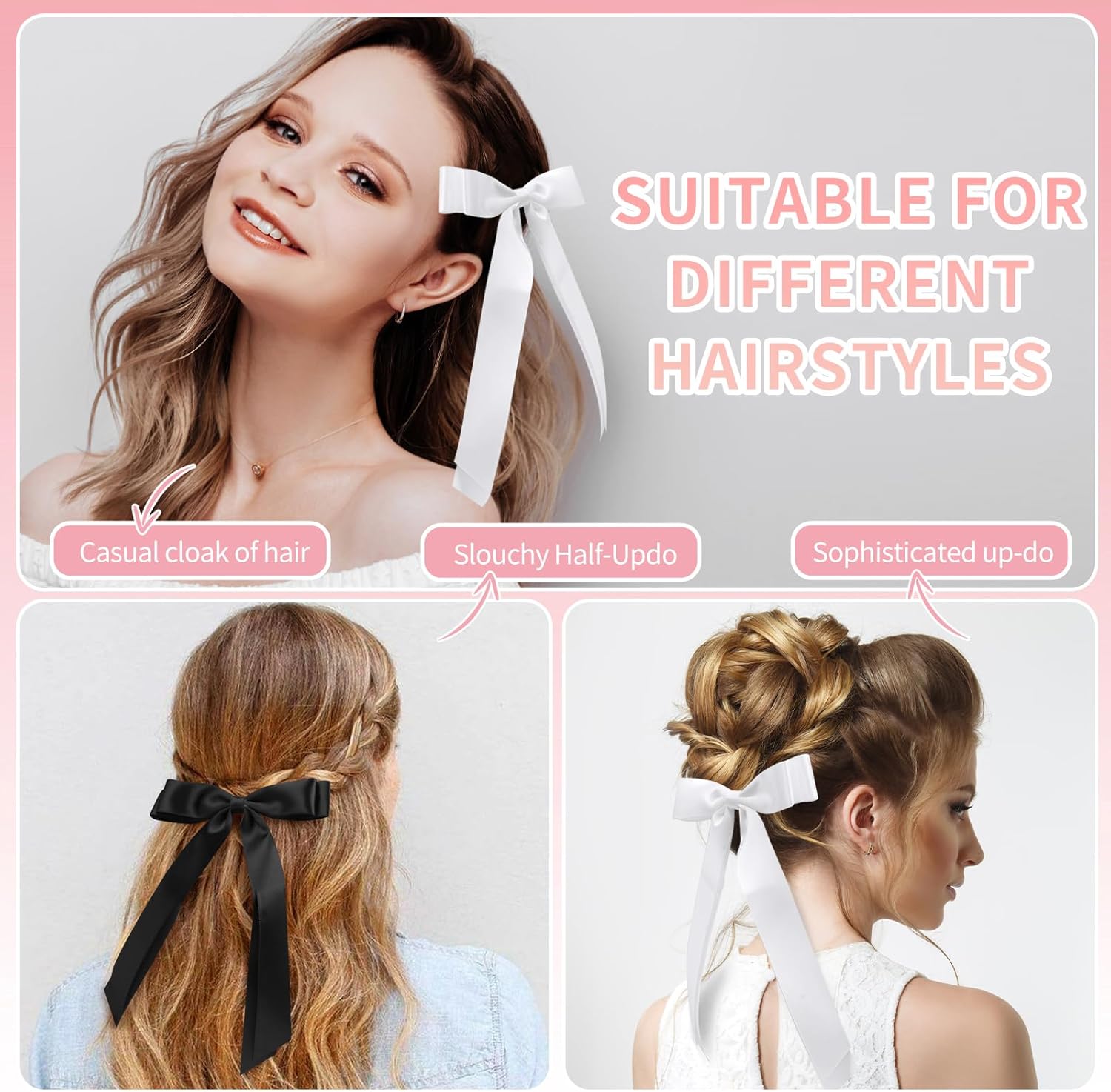 4pcs Solid Silky Satin Hair Accessories: Bows with Long Tails, Daily Wear Clips for Women and Girls, White and Black Gifts