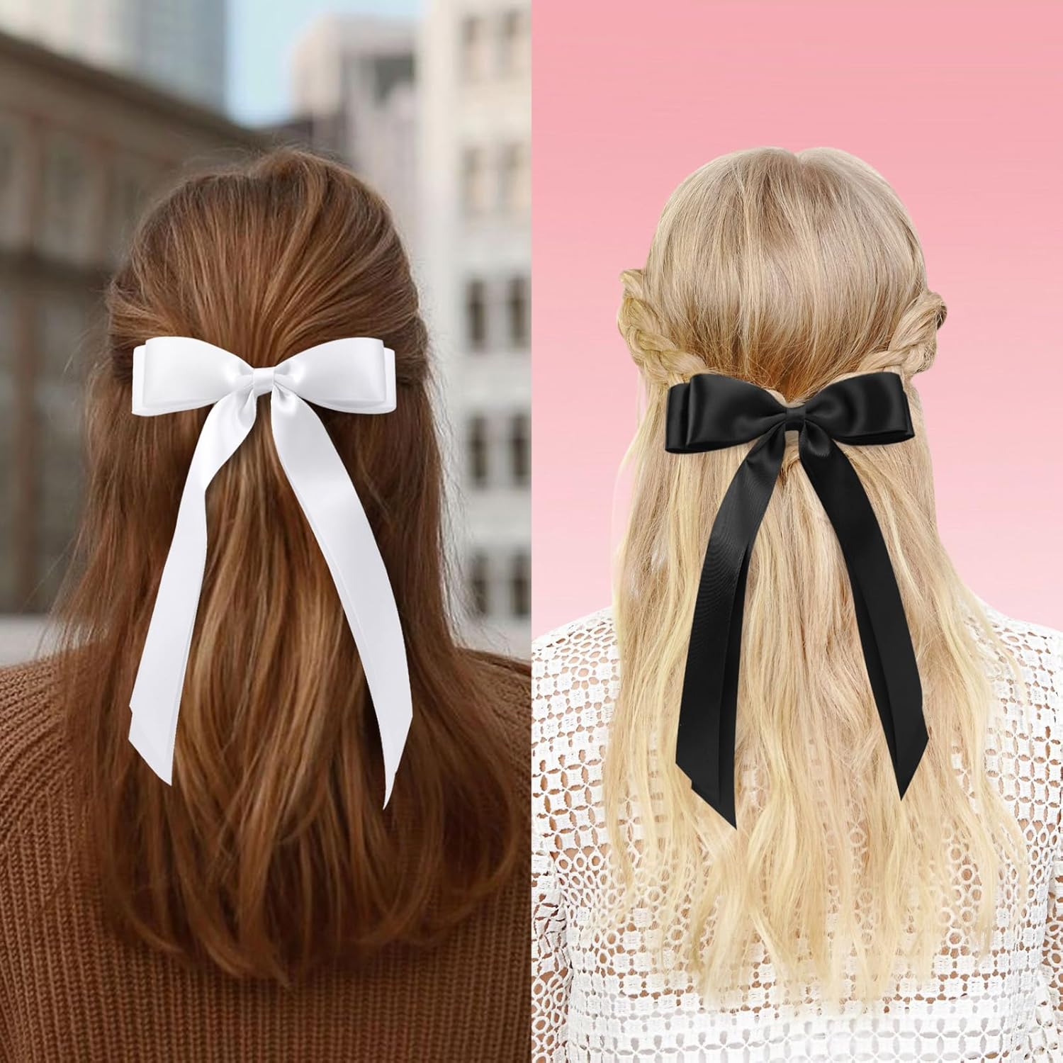 4pcs Solid Silky Satin Hair Accessories: Bows with Long Tails, Daily Wear Clips for Women and Girls, White and Black Gifts