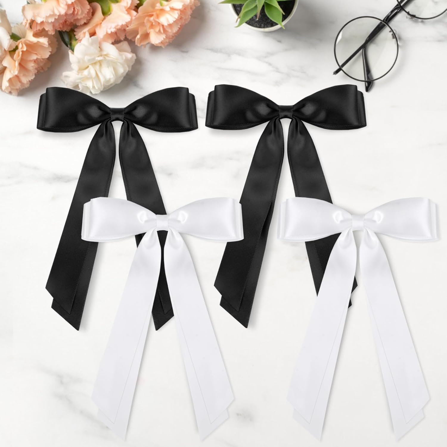 4pcs Solid Silky Satin Hair Accessories: Bows with Long Tails, Daily Wear Clips for Women and Girls, White and Black Gifts
