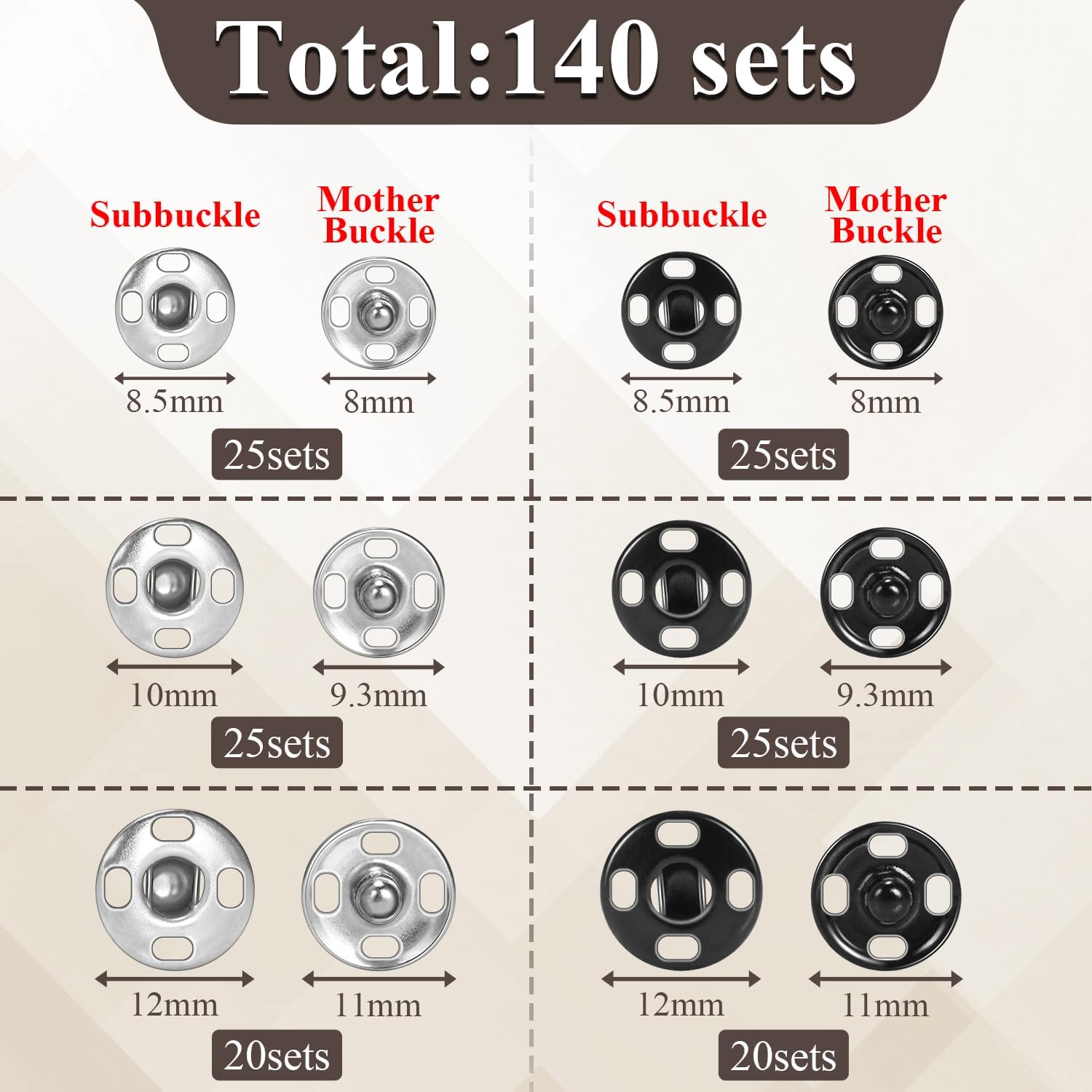 140 Sets Sew on Snaps for Clothing, Metal Snaps Fasteners Press Studs, Snap Buttons for Clothes Fabric Bag Bib Sweater Cardigan DIY Sewing Craft 8mm 10mm 12mm