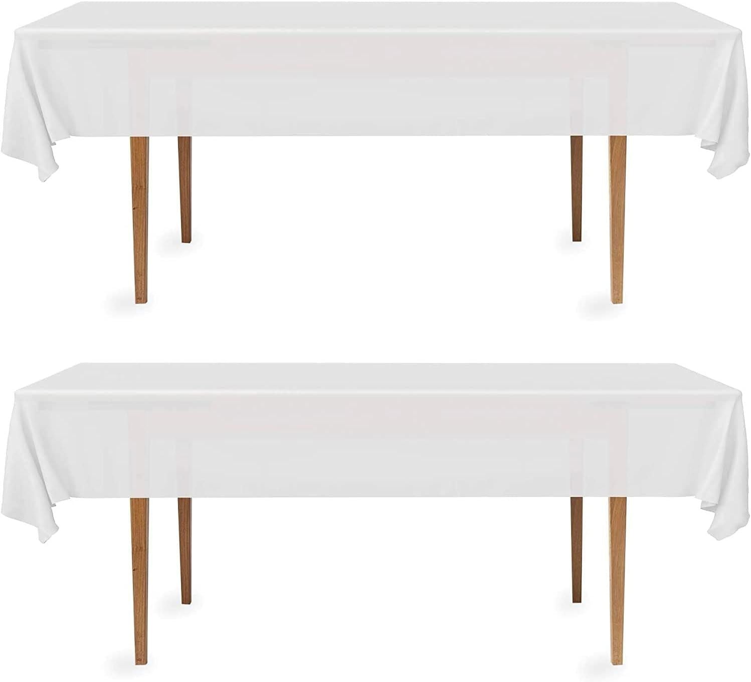 2 Rectangular Tablecloths, BPA-Free Plastic, 54 x 108 Inch, Disposable or Reusable Table Cover for Parties, Picnic & Outdoor, White 2 Pack, Individually Wrapped