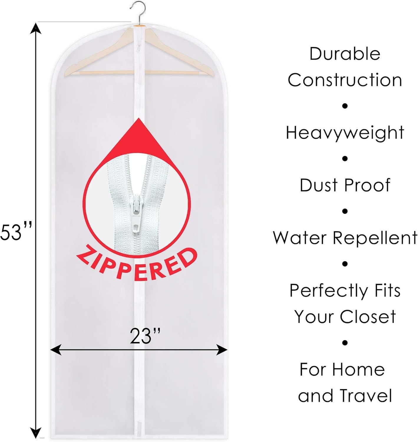 Zippered Garment Bag, Large 53 x 23 inches, Dress Bag for Gowns, Suits, Jackets, Dresses, Hanging Clothing Storage Bag, Water Repellent, Dust Proof, Clear 1 Pack