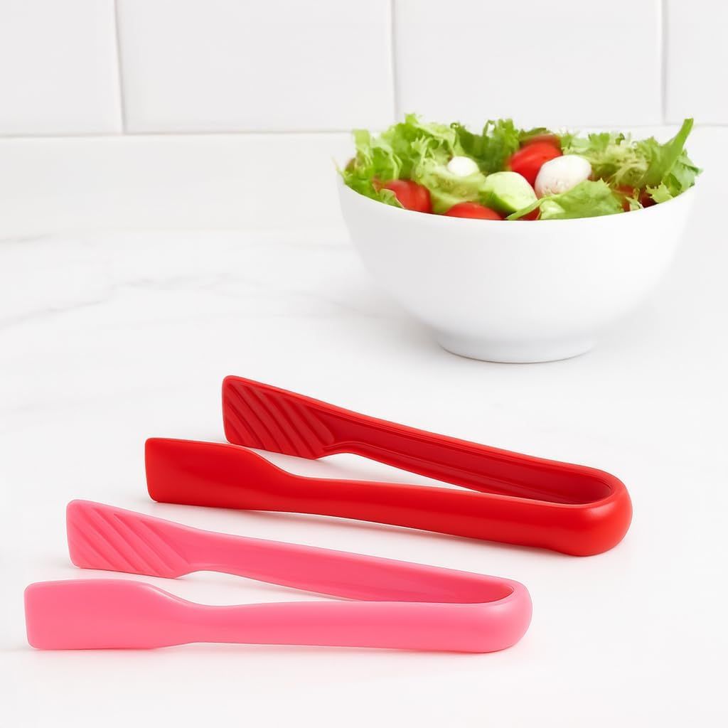 3 Pcs 6” x 8” x 10” Multi Colored Plastic Tong Set, 3 Pack Durable BPA-Free Quality Heavy Duty Perfect for BBQ, Grilling, Salad, Buffets and Kitchen Pink, Red