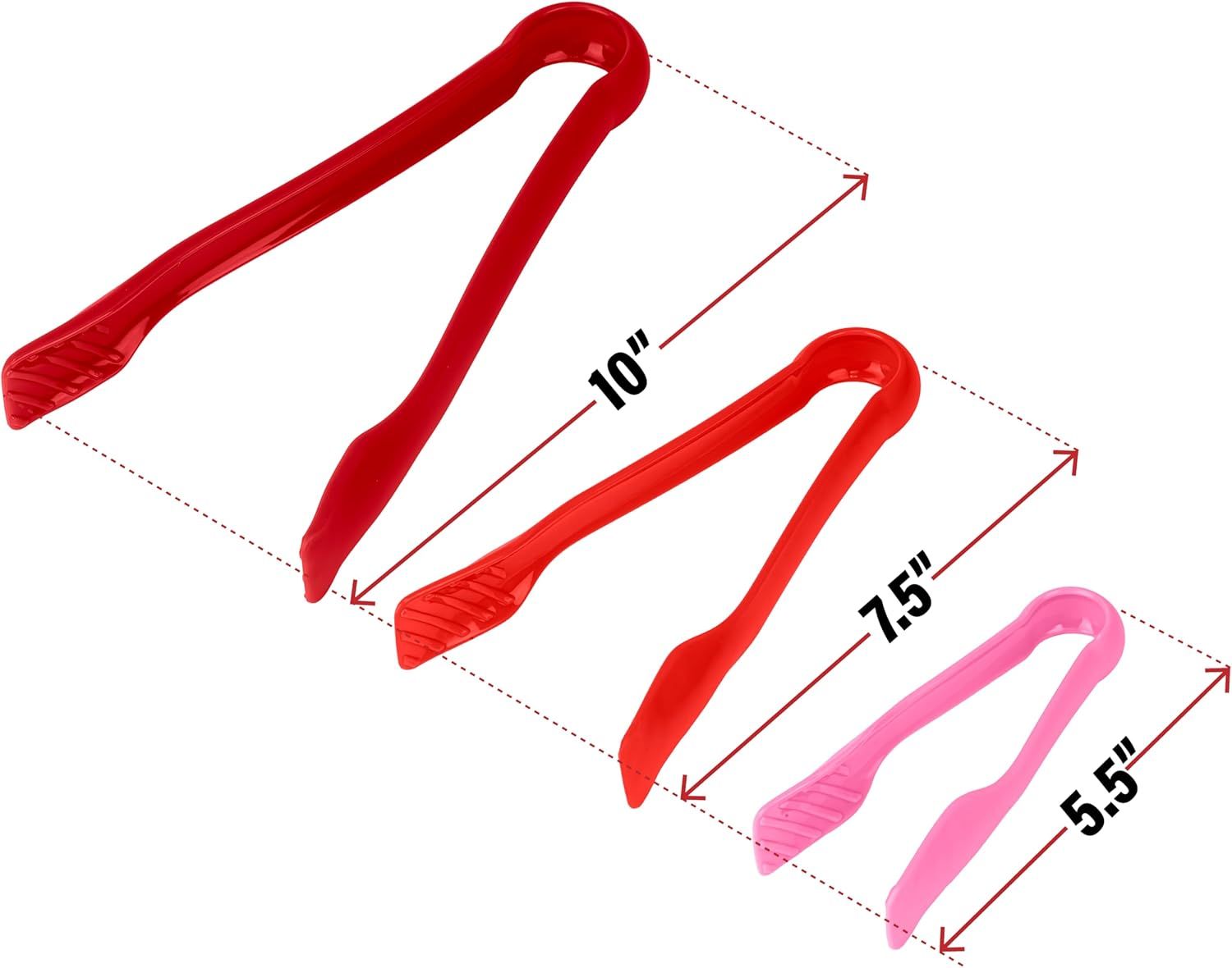 3 Pcs 6” x 8” x 10” Multi Colored Plastic Tong Set, 3 Pack Durable BPA-Free Quality Heavy Duty Perfect for BBQ, Grilling, Salad, Buffets and Kitchen Pink, Red