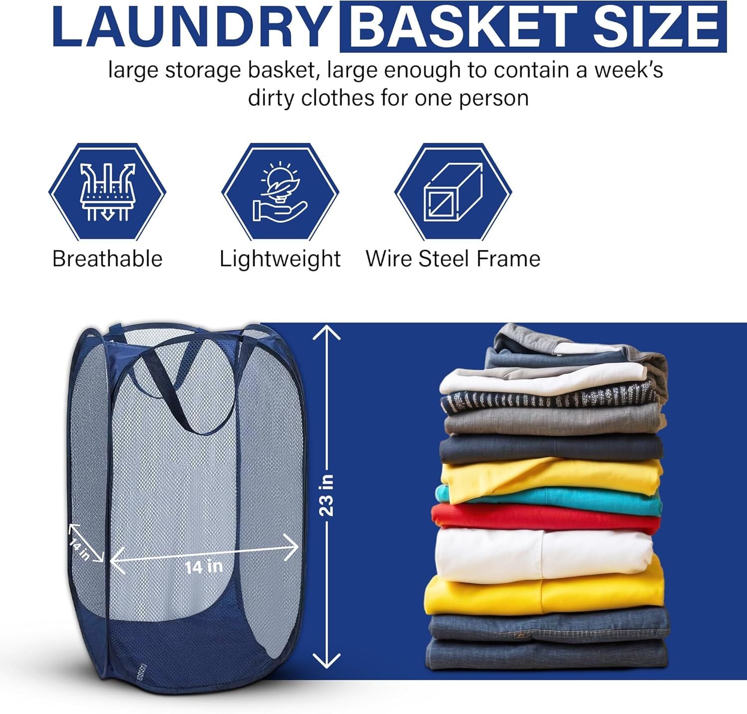 1 Pack Mesh Pop Up Laundry Hamper, Lightweight Foldable Clothes Basket with Easy Carry Handles, Durable Mesh Design for Air Circulation and Simple Storage, Navy 1 Pack