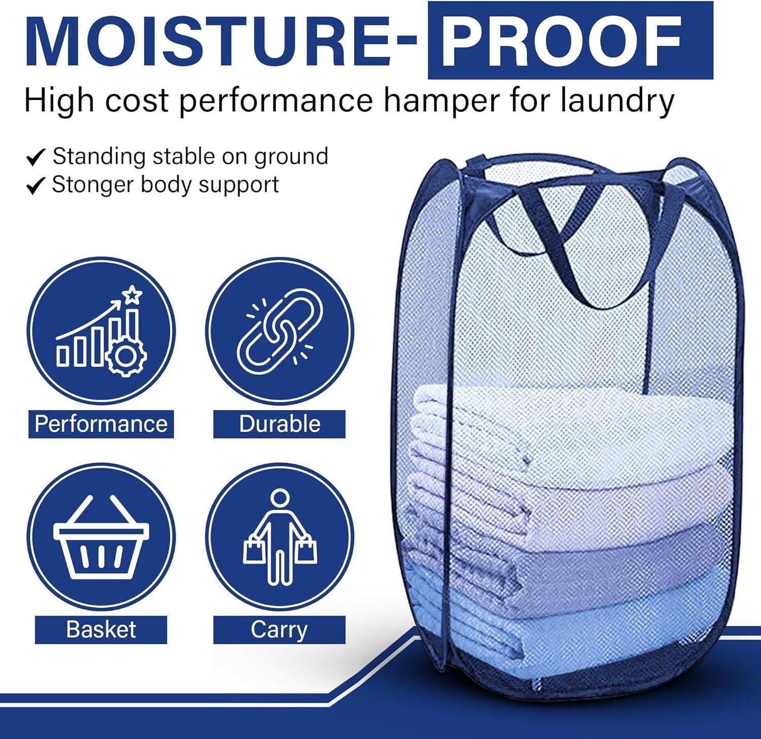 1 Pack Mesh Pop Up Laundry Hamper, Lightweight Foldable Clothes Basket with Easy Carry Handles, Durable Mesh Design for Air Circulation and Simple Storage, Navy 1 Pack