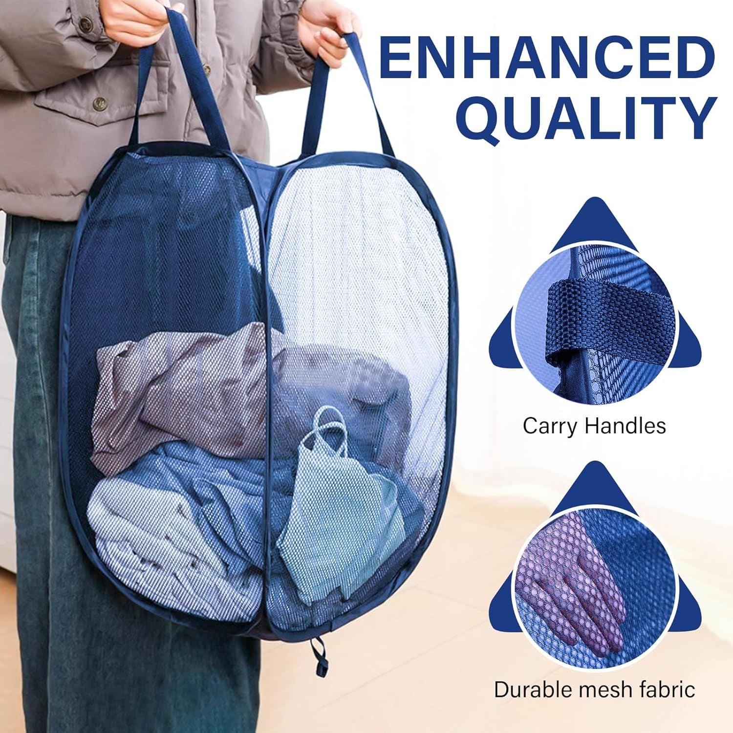 1 Pack Mesh Pop Up Laundry Hamper, Lightweight Foldable Clothes Basket with Easy Carry Handles, Durable Mesh Design for Air Circulation and Simple Storage, Navy 1 Pack