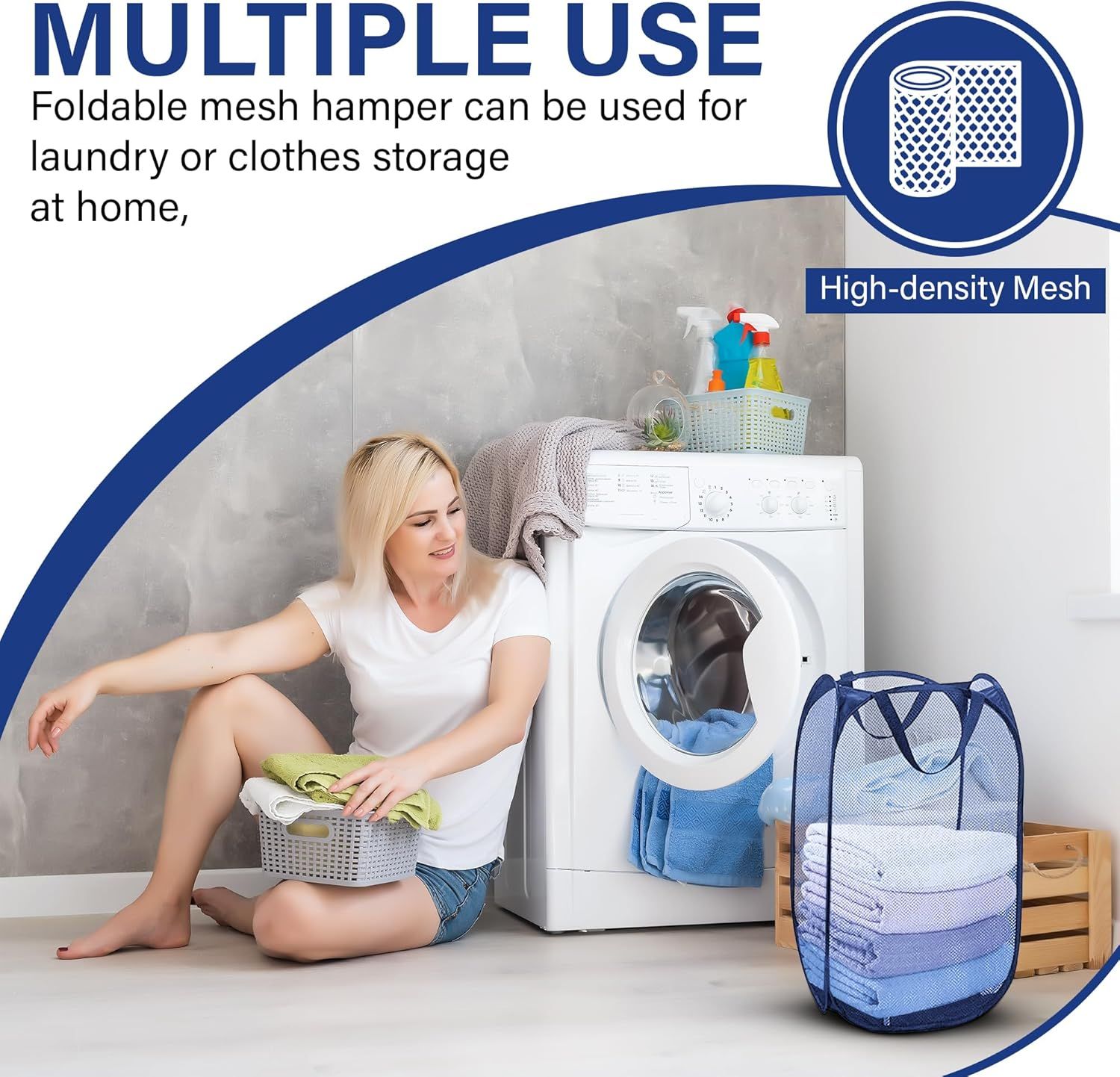 1 Pack Mesh Pop Up Laundry Hamper, Lightweight Foldable Clothes Basket with Easy Carry Handles, Durable Mesh Design for Air Circulation and Simple Storage, Navy 1 Pack