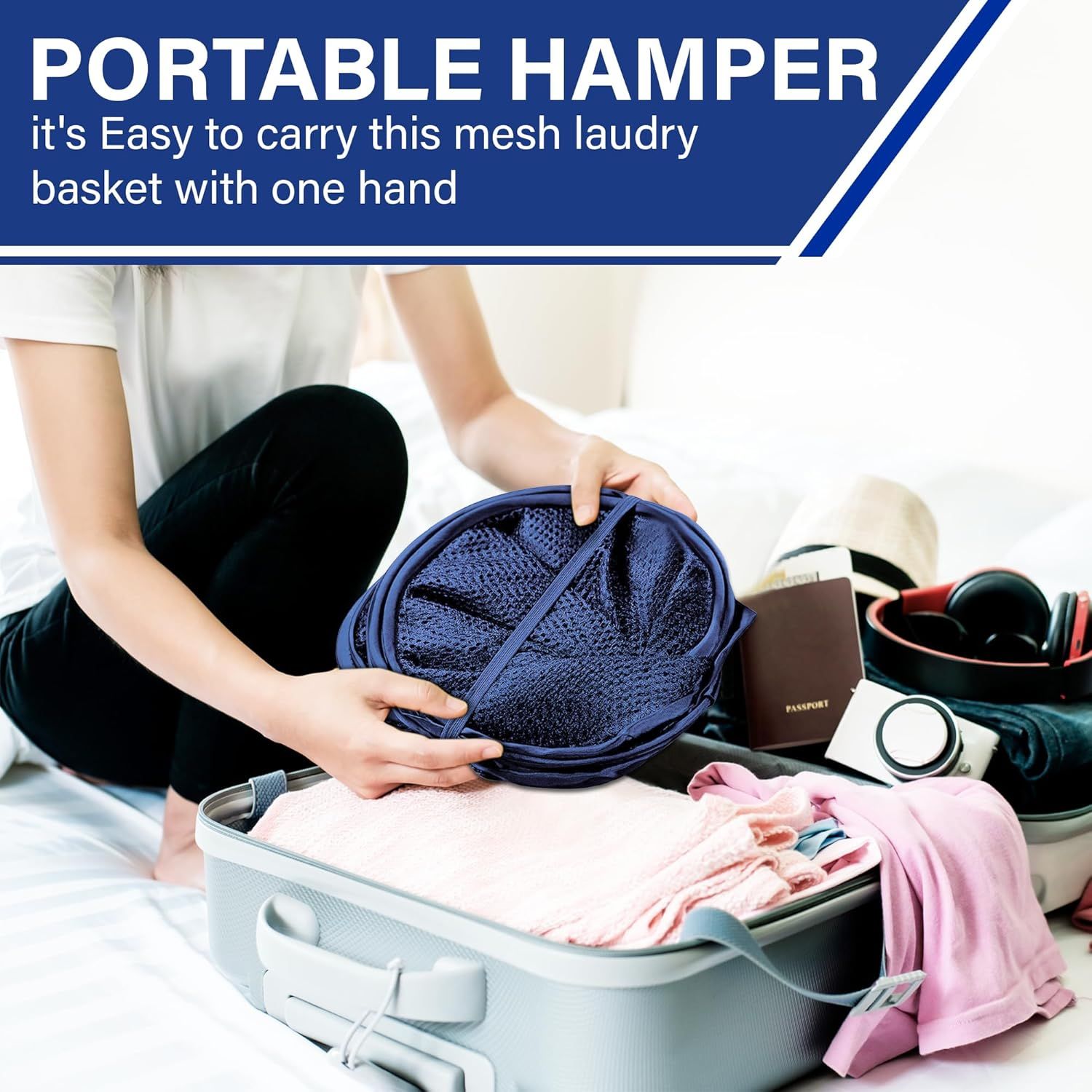 1 Pack Mesh Pop Up Laundry Hamper, Lightweight Foldable Clothes Basket with Easy Carry Handles, Durable Mesh Design for Air Circulation and Simple Storage, Navy 1 Pack