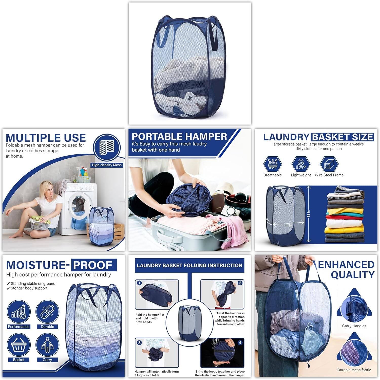1 Pack Mesh Pop Up Laundry Hamper, Lightweight Foldable Clothes Basket with Easy Carry Handles, Durable Mesh Design for Air Circulation and Simple Storage, Navy 1 Pack