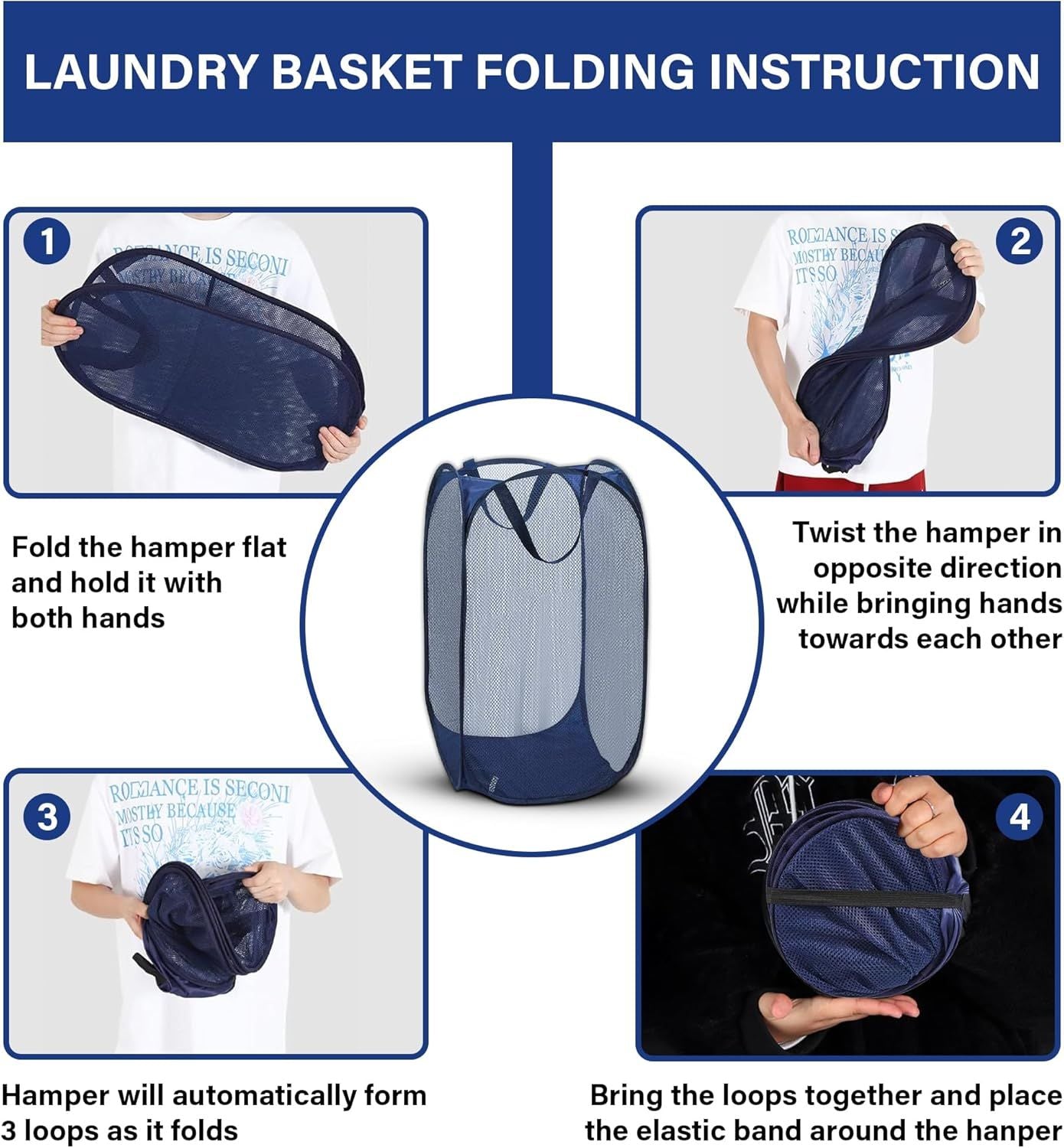 1 Pack Mesh Pop Up Laundry Hamper, Lightweight Foldable Clothes Basket with Easy Carry Handles, Durable Mesh Design for Air Circulation and Simple Storage, Navy 1 Pack