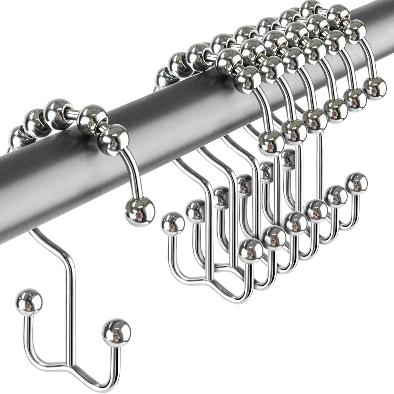 12 Pack Shower Curtain Hooks, Heavy Duty Coated Stainless Steel, Rustproof and Corrosion Resistant, Smooth Glide Double Hooks for Standard Shower Rods, Chrome 12 Pack