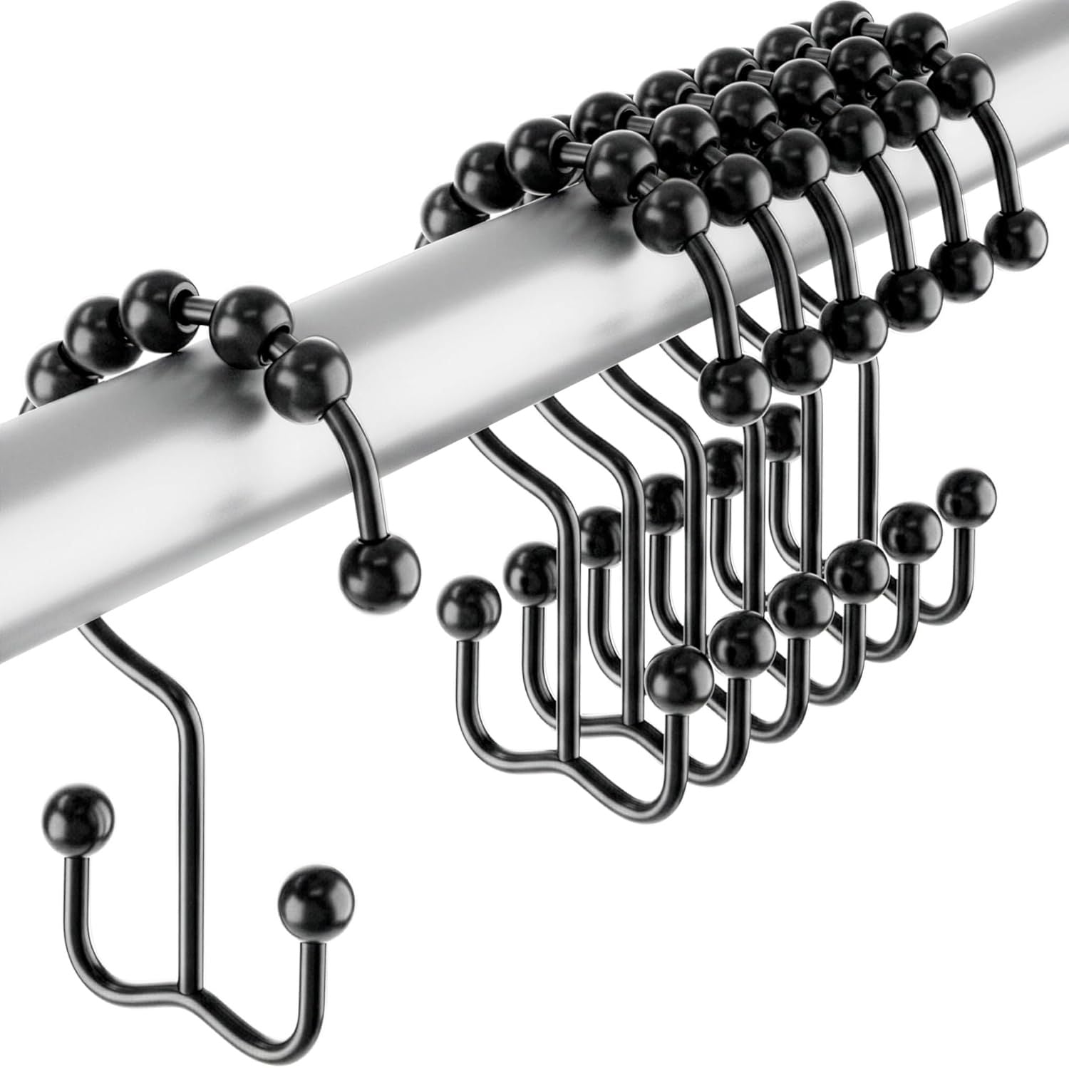 12 Pack Shower Curtain Hooks, Heavy Duty Coated Stainless Steel, Rustproof and Corrosion Resistant, Smooth Glide Double Hooks for Standard Shower Rods, Black 12 Pack