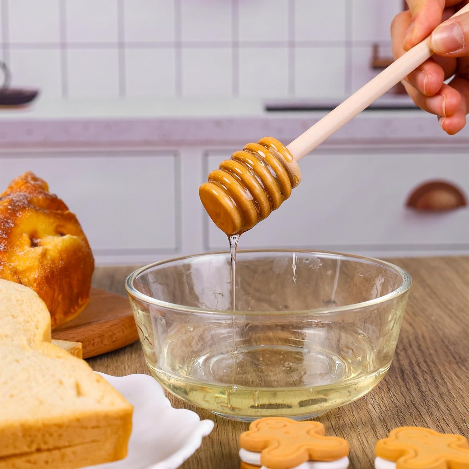 2PCS Wooden Honey Mixing Stirrer, 8 Inch Honey Dipper Sticks Long Handle Honeycomb Stick for Collecting Dispensing Drizzling Jam, Wedding Gifts & Party Favors