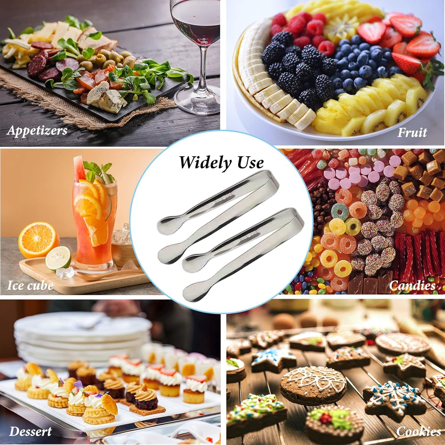 6PCS Ice Tongs Mini Sugar Tongs 4.25Inch Stainless Steel Kitchen Utensils Set,Small Serving Tong and Tiny Kitchen Tong for Appetizers,Tea Party, Coffee Bar, Desserts by Silver
