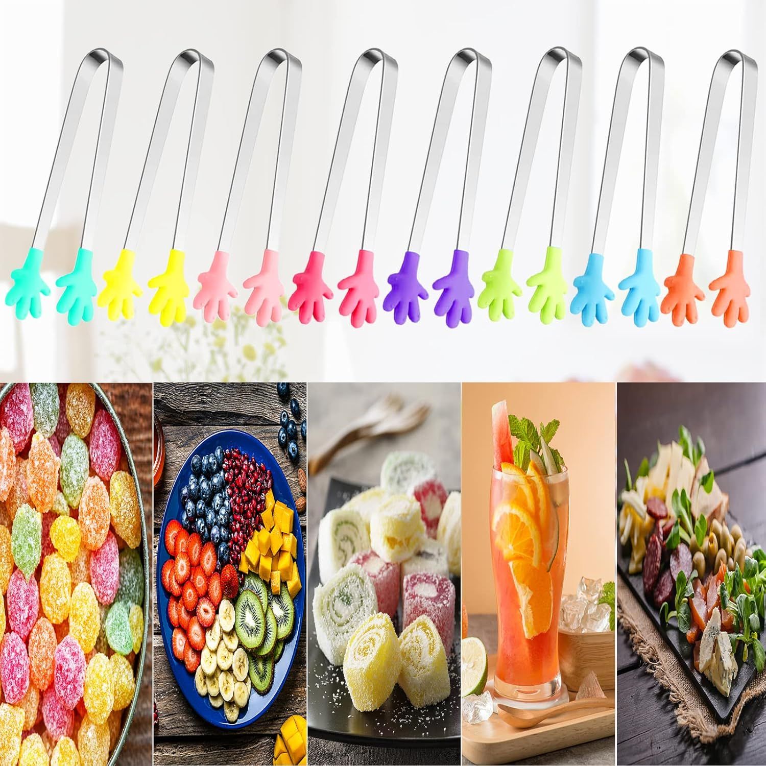 8PCS Silicone Mini Tongs, 5Inch Hand Shape Food Tongs, Colourful Small Kids Tongs for Serving Food, Ice Cube, fruits, Sugar, Barbecue by Palm sharp