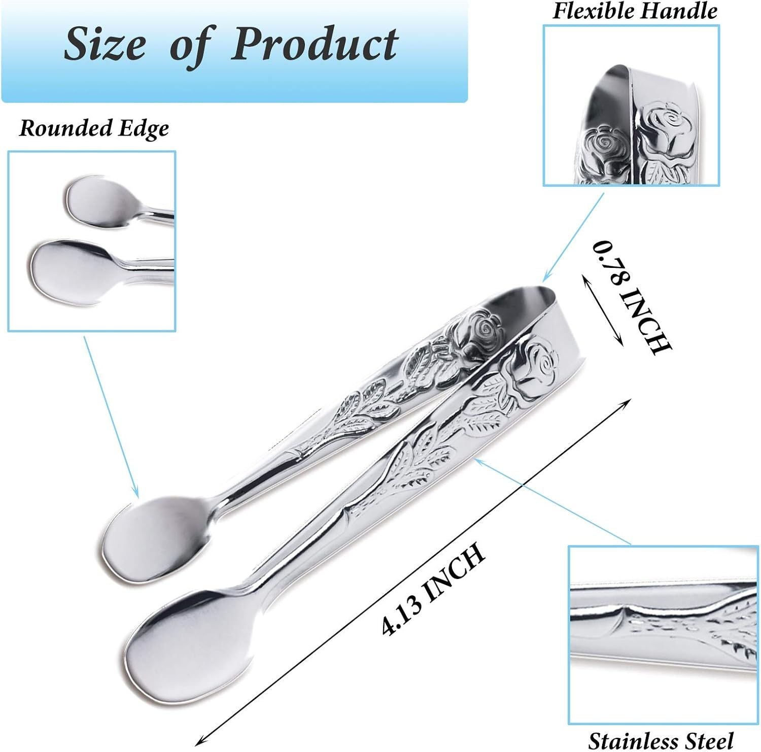 3PCS Mini Serving Tongs, 4Inch Rose Stainless Steel Sugar Cube Tongs, Sliver Small Ice Tong for Tea and Coffee Party, Appetizers, Desserts by Silver