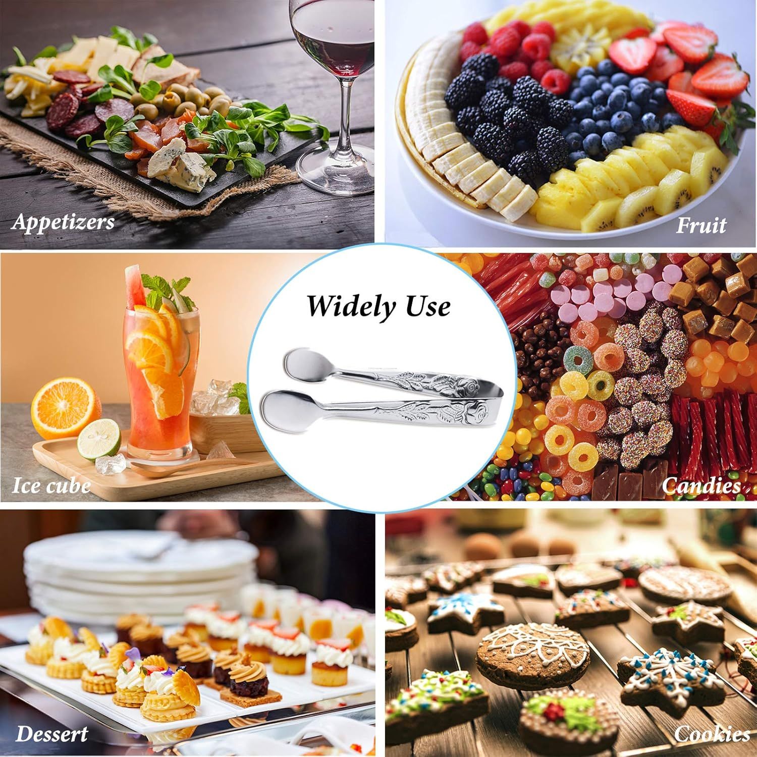 3PCS Mini Serving Tongs, 4Inch Rose Stainless Steel Sugar Cube Tongs, Sliver Small Ice Tong for Tea and Coffee Party, Appetizers, Desserts by Silver