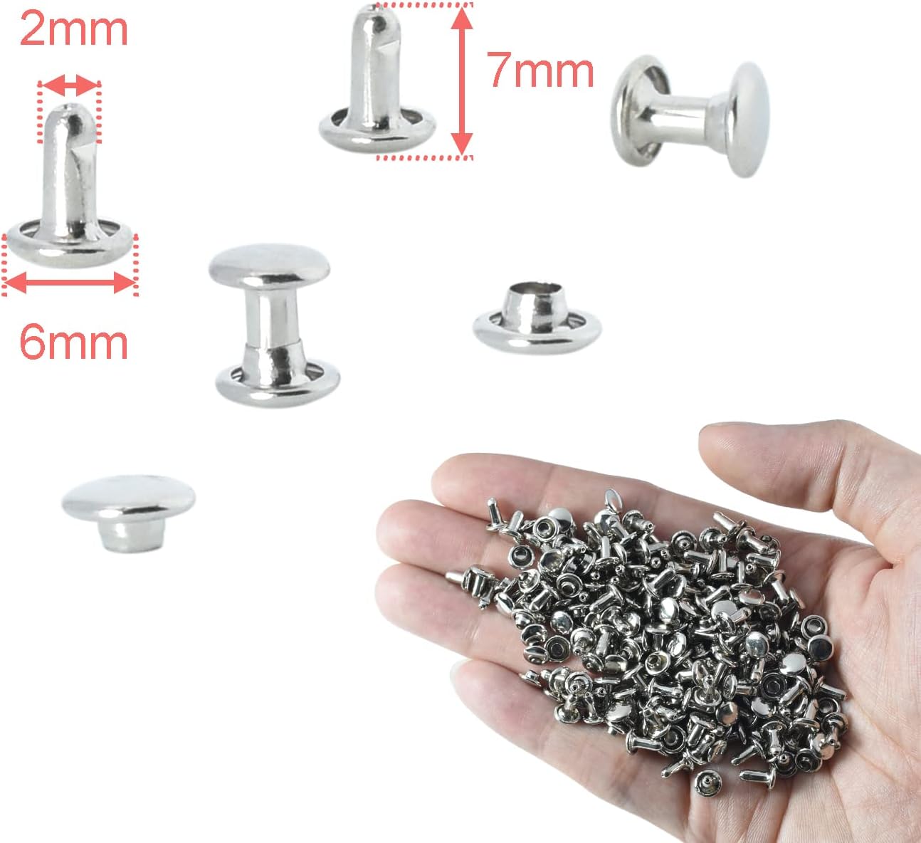 200Sets 6mm Round Cap Leather Rivets, Double Cap Rivets Tubular Metal Studs Rivets for Leather Purse Keyrings Repair and Crafts Decoration 6mm Silver