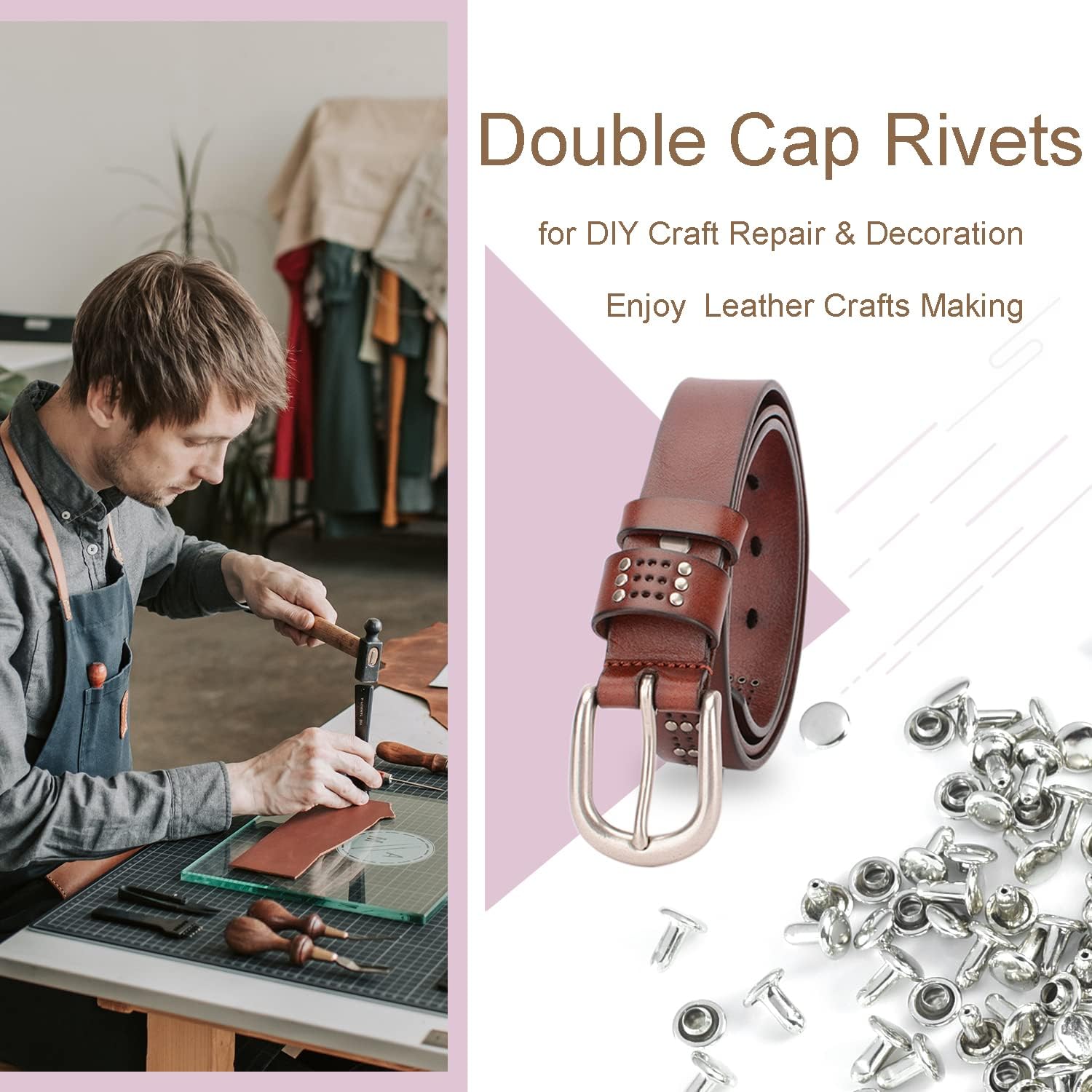 200Sets 6mm Round Cap Leather Rivets, Double Cap Rivets Tubular Metal Studs Rivets for Leather Purse Keyrings Repair and Crafts Decoration 6mm Silver