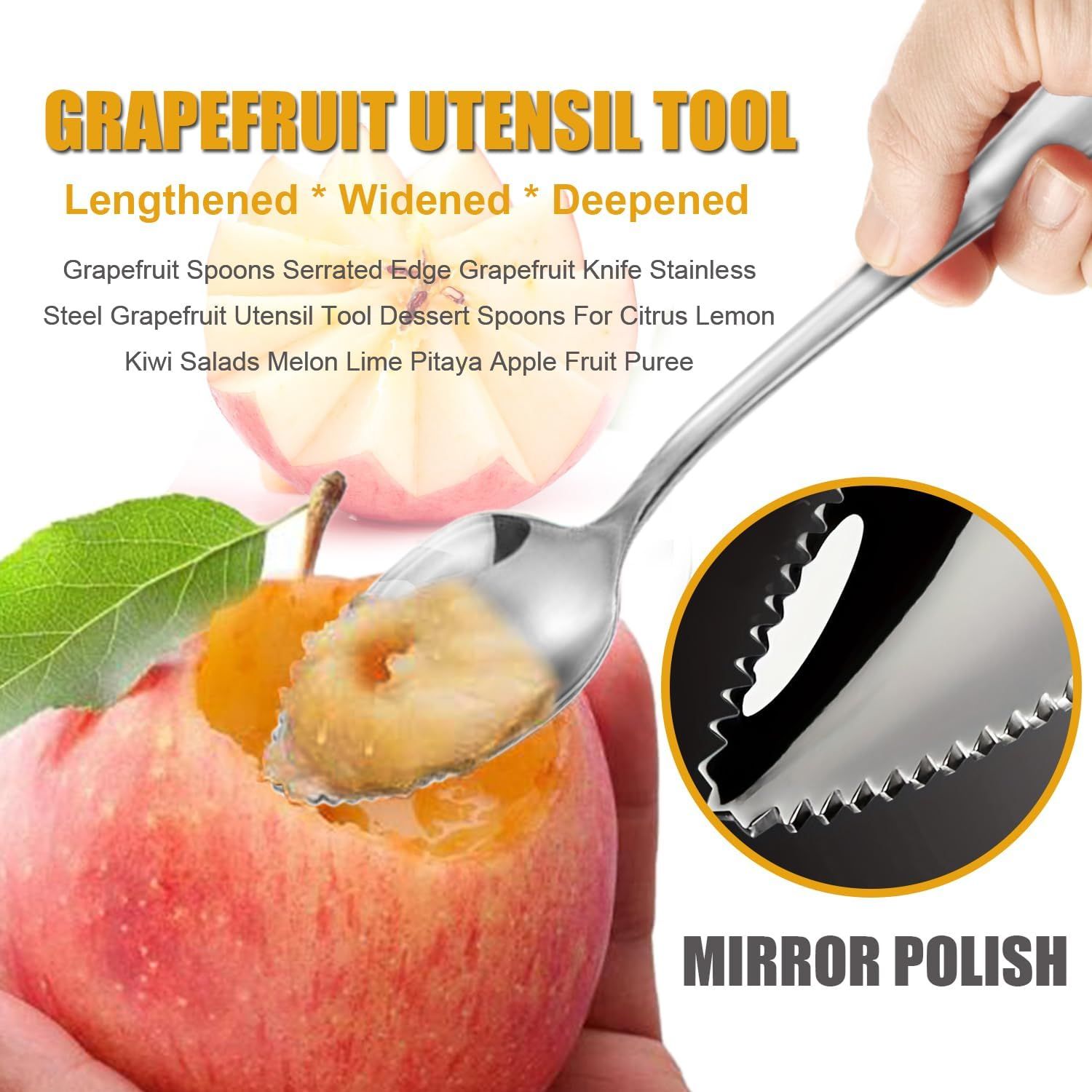 Serrated Edge Grapefruit Spoons Stainless Steel Grapefruit Utensil Tool Dessert Fruit Spoons for Citrus Lemon Kiwi Salads Melon Lime Pitaya Apple Fruit Puree Silver