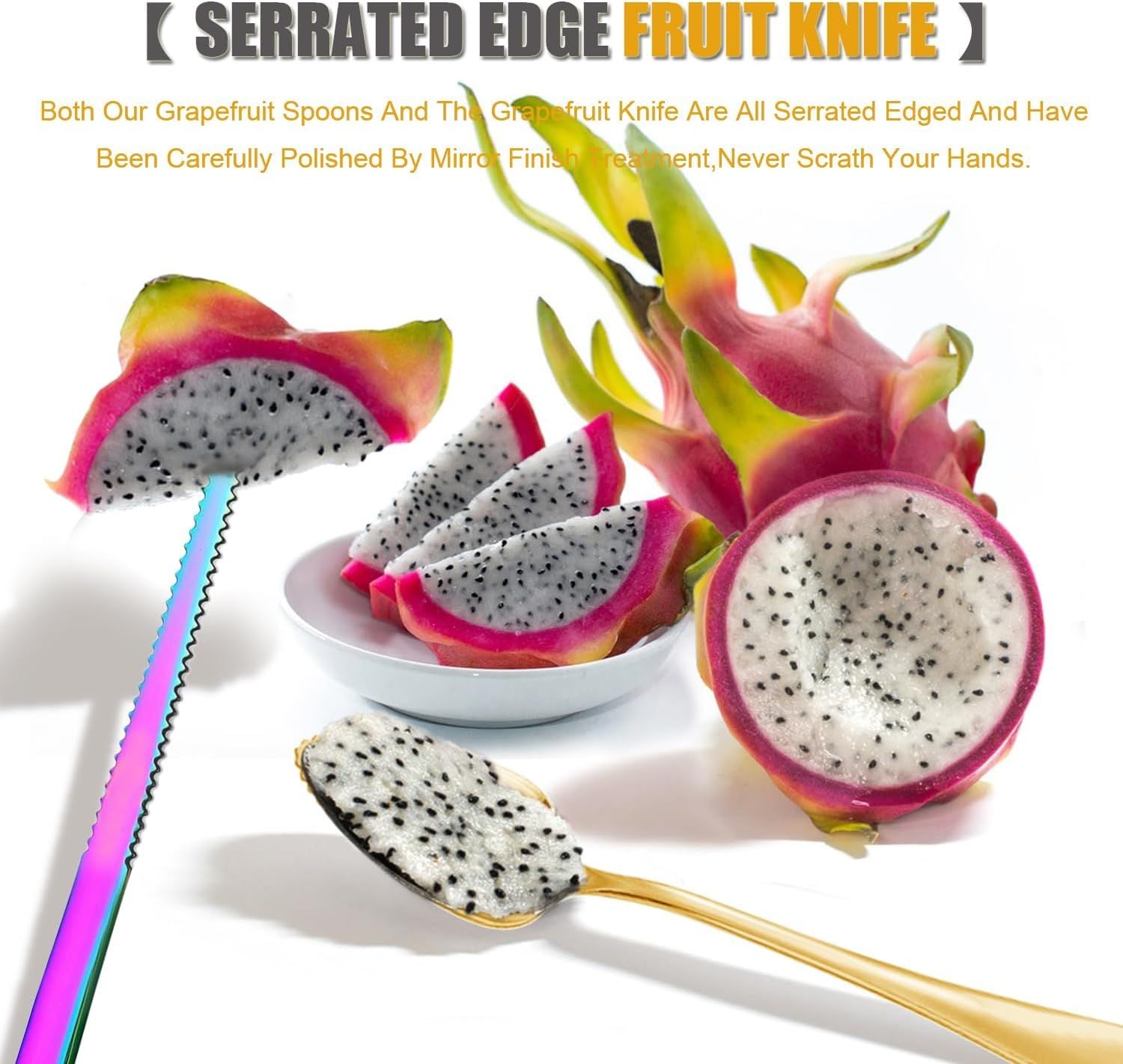 Grapefruit Spoons Serrated Edge Knife Stainless Steel Utensil Tool Dessert Spoon for Citrus Lemon Kiwi Salads Melon Lime Pitaya Apple Fruit Puree Silver