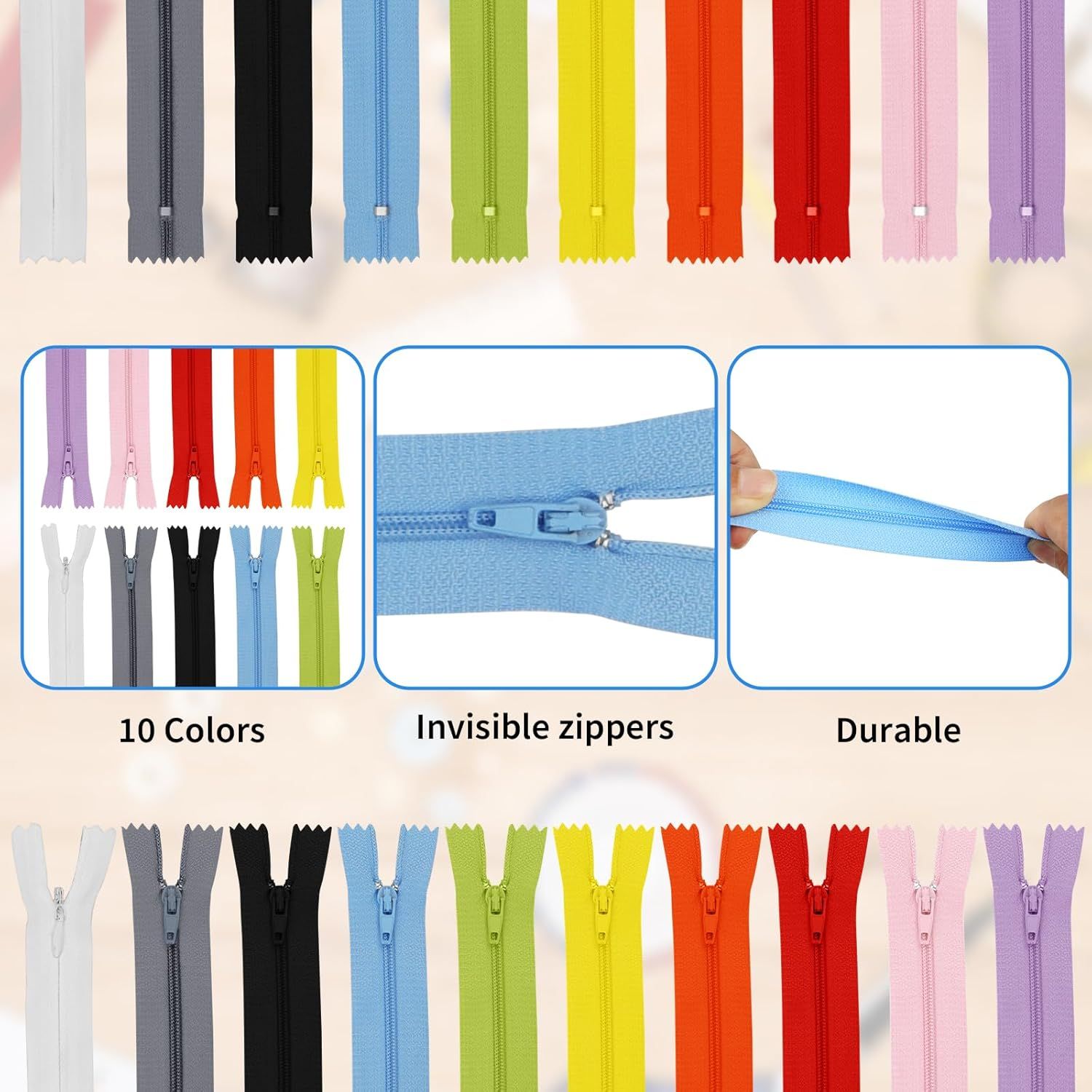 30 Pcs Nylon Coil Zippers for Tailor Sewing in 10 Assorted Colors - Mixed Color Invisible Zippers for Bags, Garment Craft DIY Accessories 9.5 Inches