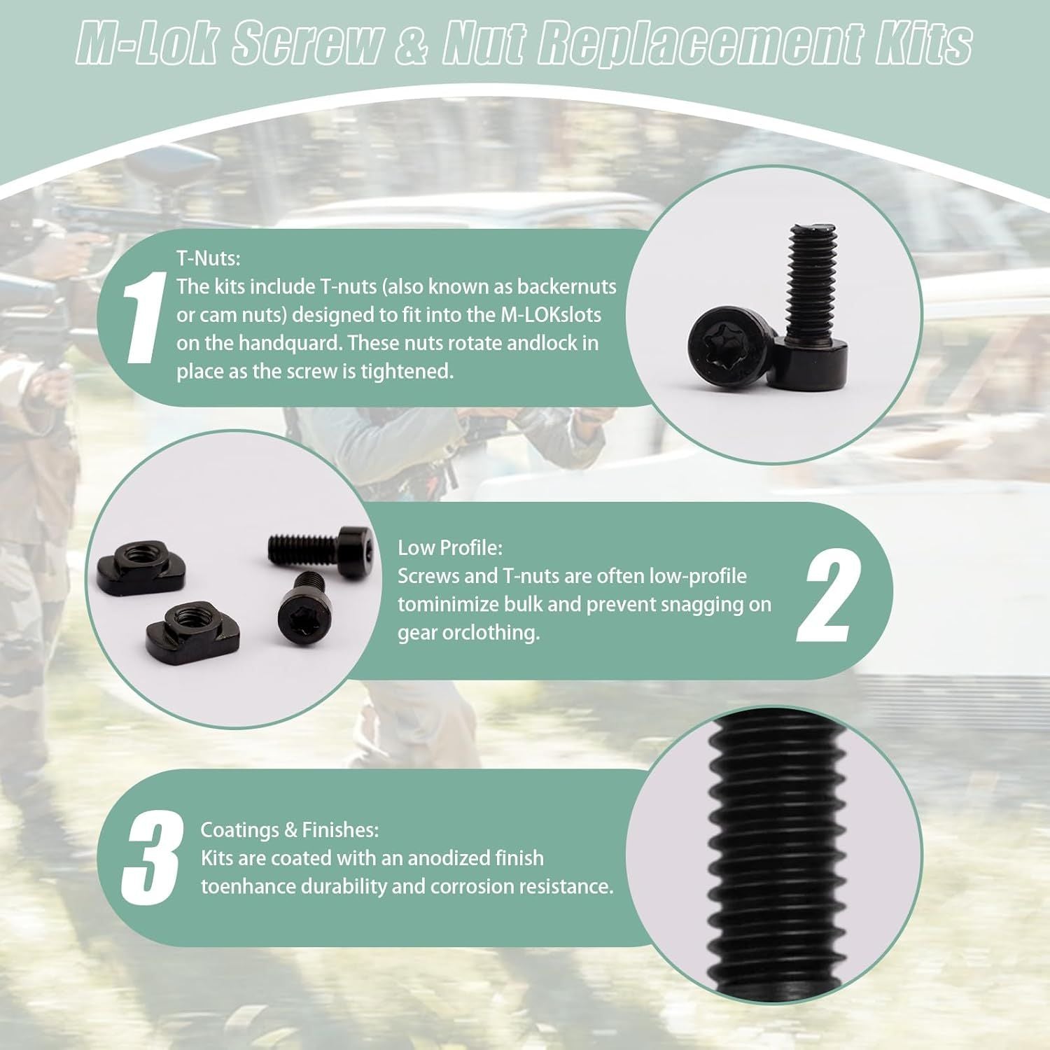 T Bolt M4/ M Lok Nuts, 12PCS M4 T Nutings and Screws, Mlok-Screw and Nutings Replacement Set, T-Nuts/Screws Replaces Setings Steel, Rail Mount Screwing/T-Nuting Accessories