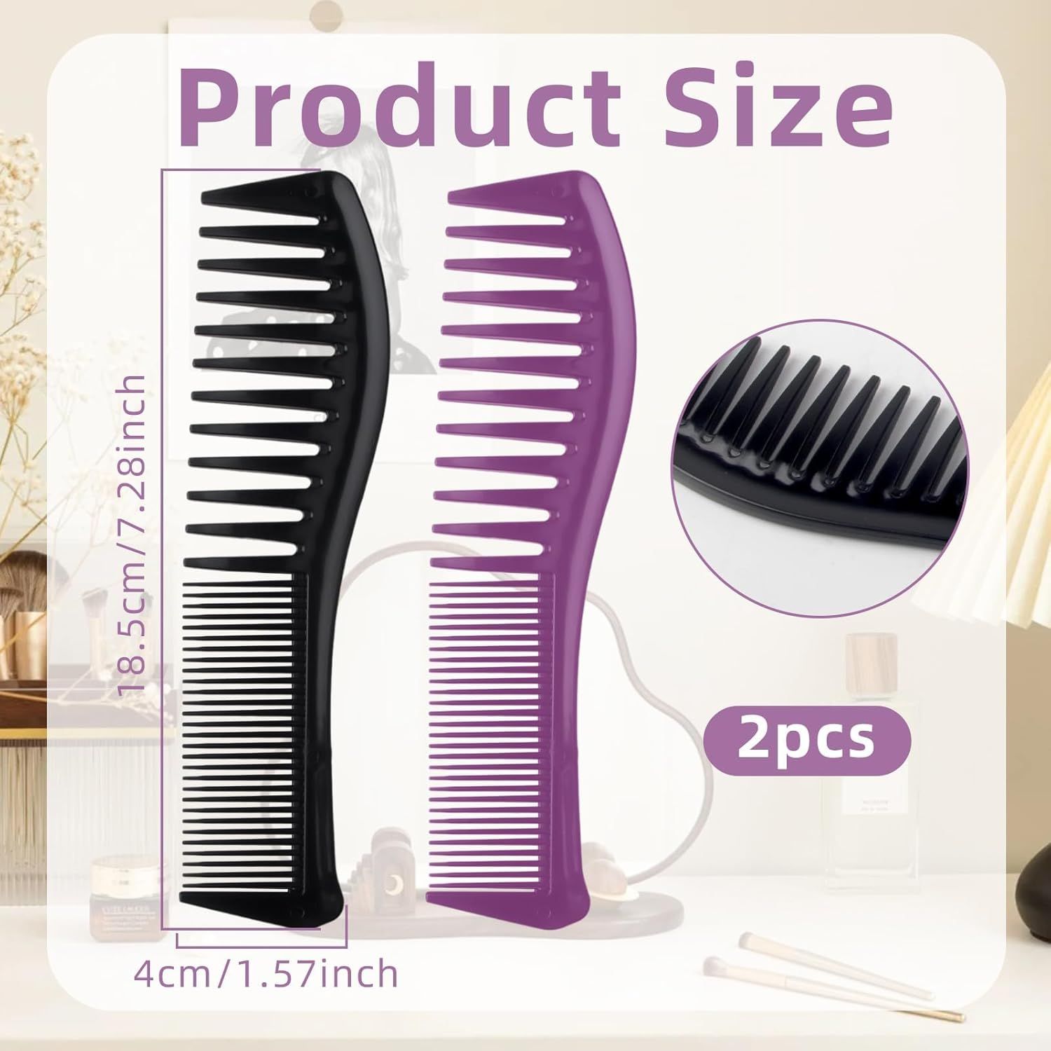 2PCS Detangling Hair Comb for Women, 2-Sided Plastic Hairstyle Comb With Wide and Fine Teeth, All-Purpose Hair Comb for Thin, Thick, Curly, Straight Hair - For Men & Women Combing, Hairstyling