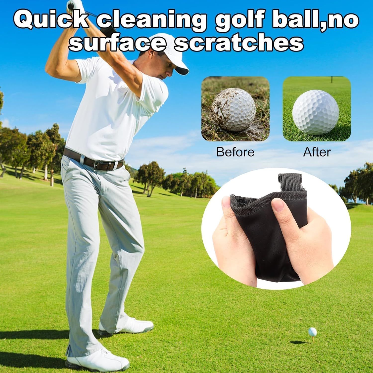 Golf Ball Cleaner Pouch with Belt Clip, 2-in-1 Waterproof Golf Ball Washing Bag, Leak-Proof Microfiber Inner Lining, Portable Golf Club Groove Cleaner Accessory, Practical Golfing Gift for Men & Women