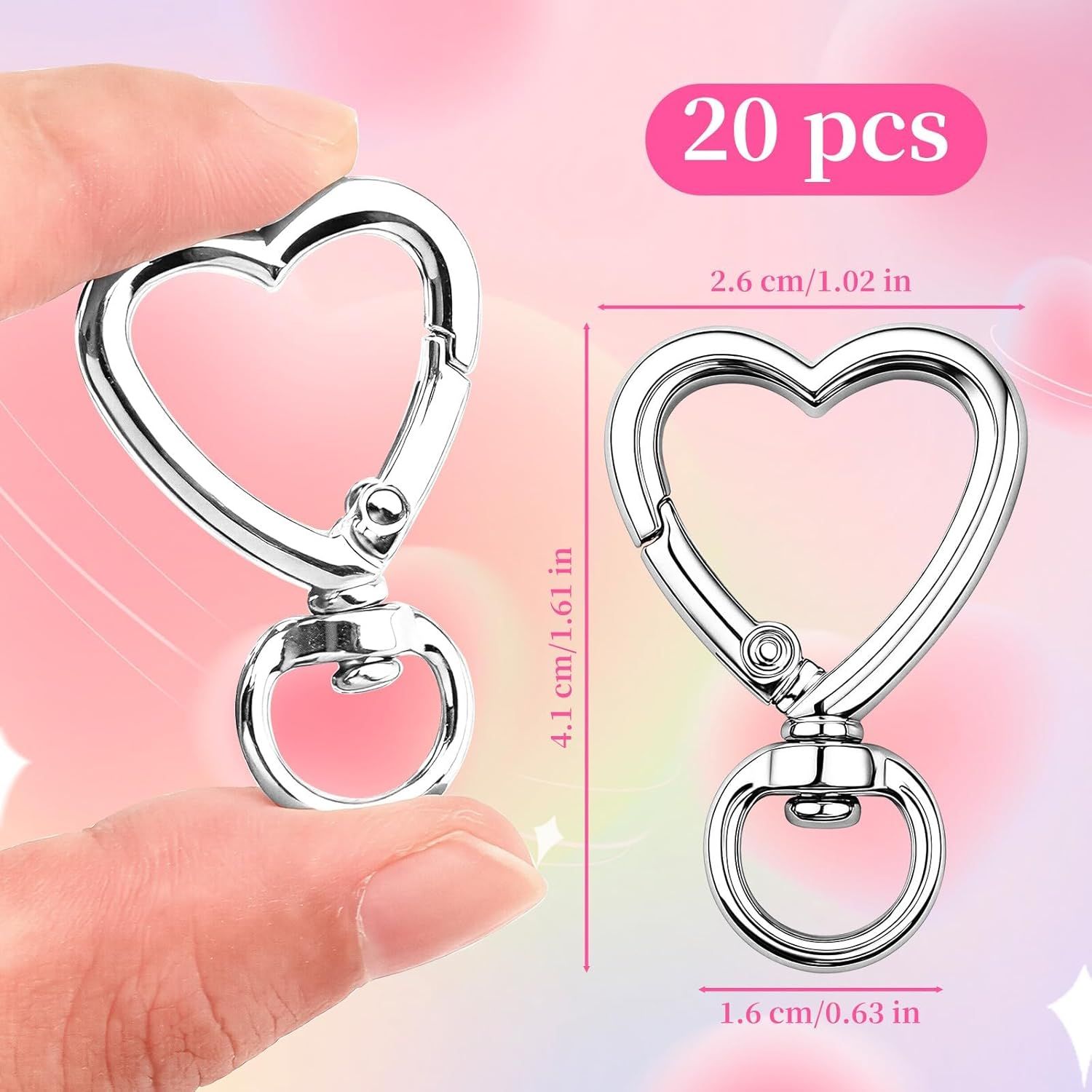 Heart Keychain Clips 20PCS Silver, DIY Creative Key Ring Metal Heart Shape Keychain, Zinc Alloy Hearting Key Chain Snap Hook Carabiner Clip for Wristlets, Heart Shaped Spring Buckles Jewelry Kit