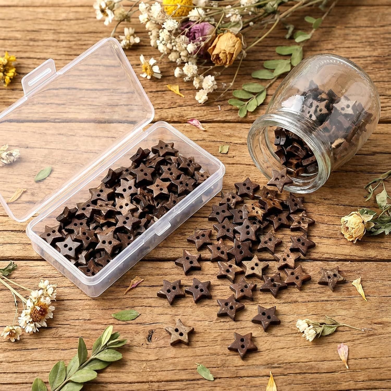 Small Wooden Star Buttons 50Pcs, 2-Hole Antique Brown Decorative Stars for DIY Crafts, Vintage Star Wood Buttons for Sewing & Scrapbooking, Rustic Holiday Decor and Gift Wrapping Wood Accessories