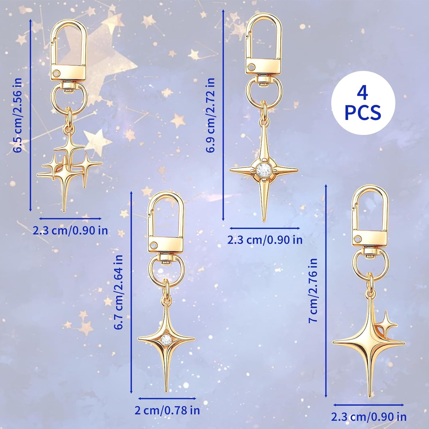 4Pack North Star Keychain-Gold Star Keychains, Vintage Y2k Star Keychain, Cross Star Pendant Keychain for Handbag, Backpack, Car Holder, Ideal for birthdays, Christmas, Mother’s Day 2.6x0.79''