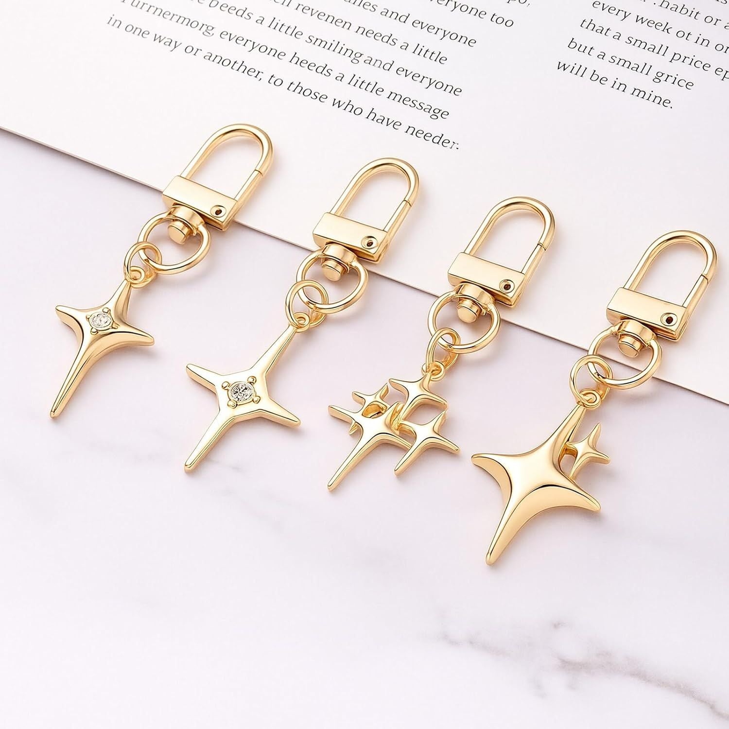 4Pack North Star Keychain-Gold Star Keychains, Vintage Y2k Star Keychain, Cross Star Pendant Keychain for Handbag, Backpack, Car Holder, Ideal for birthdays, Christmas, Mother’s Day 2.6x0.79''