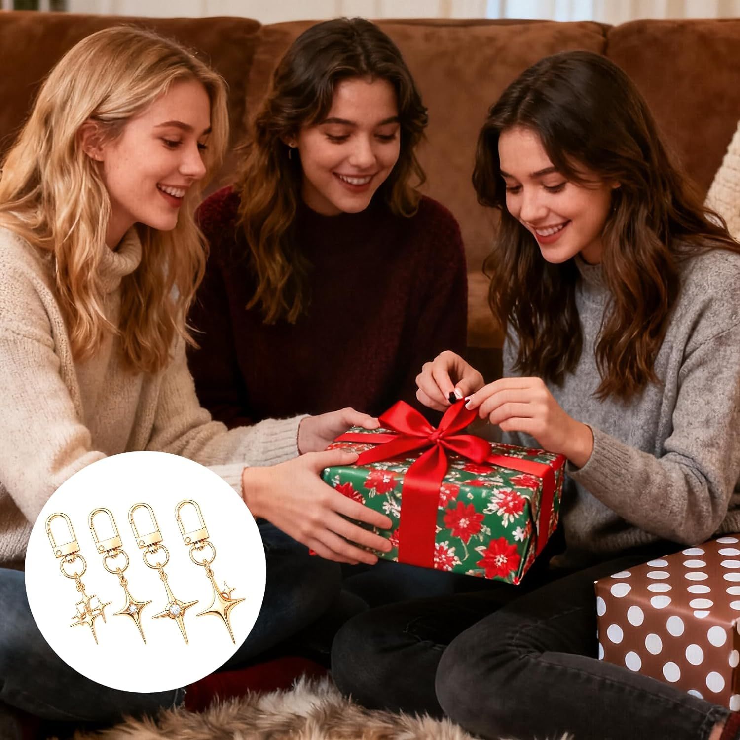 4Pack North Star Keychain-Gold Star Keychains, Vintage Y2k Star Keychain, Cross Star Pendant Keychain for Handbag, Backpack, Car Holder, Ideal for birthdays, Christmas, Mother’s Day 2.6x0.79''