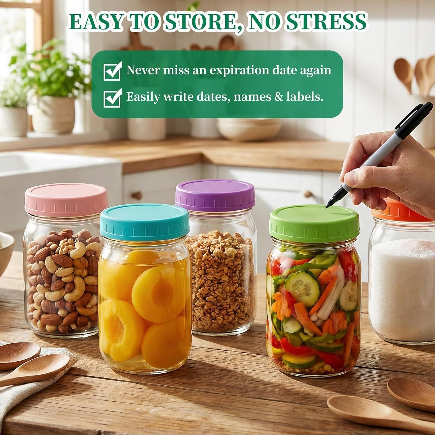 5 Pcs Wide Mouth Mason Jar Lids, 86mm Plastic Storage Caps for Wide Mouth Jars Covers - Reusable Storage Caps/Jar Lids for Mason Glass Jars - Leak-Proof Sealing Covers/Dishwasher Safe