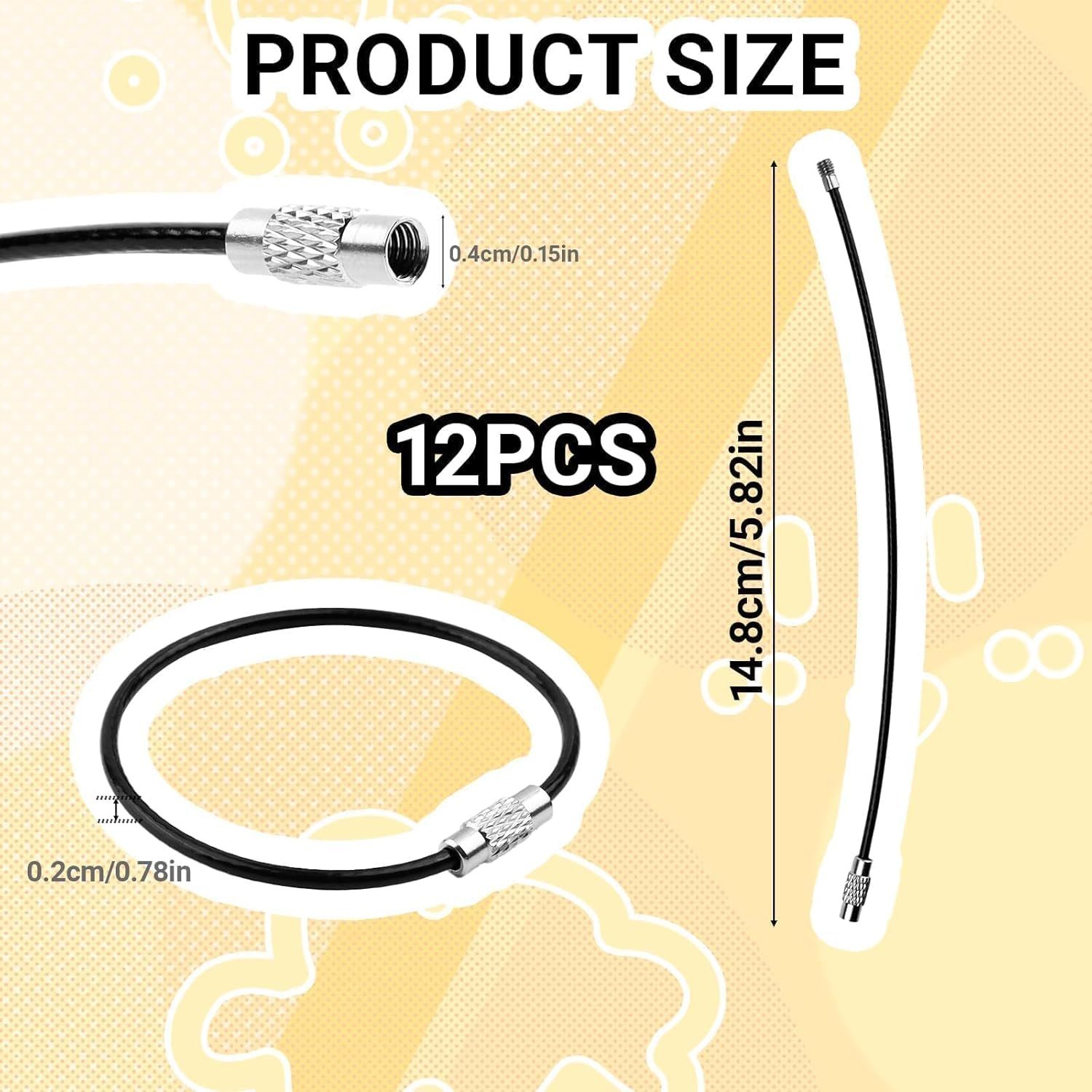 12-Pack Stainless Steel Cable Keychains, 2.0mm Heavy Duty Wire Key Ring with Black Nylon Coating, 6 Inch Loop for Keys & Luggage Tags, Secure Screw Lock Design, Multi-Purpose Wire Key Rings Loop