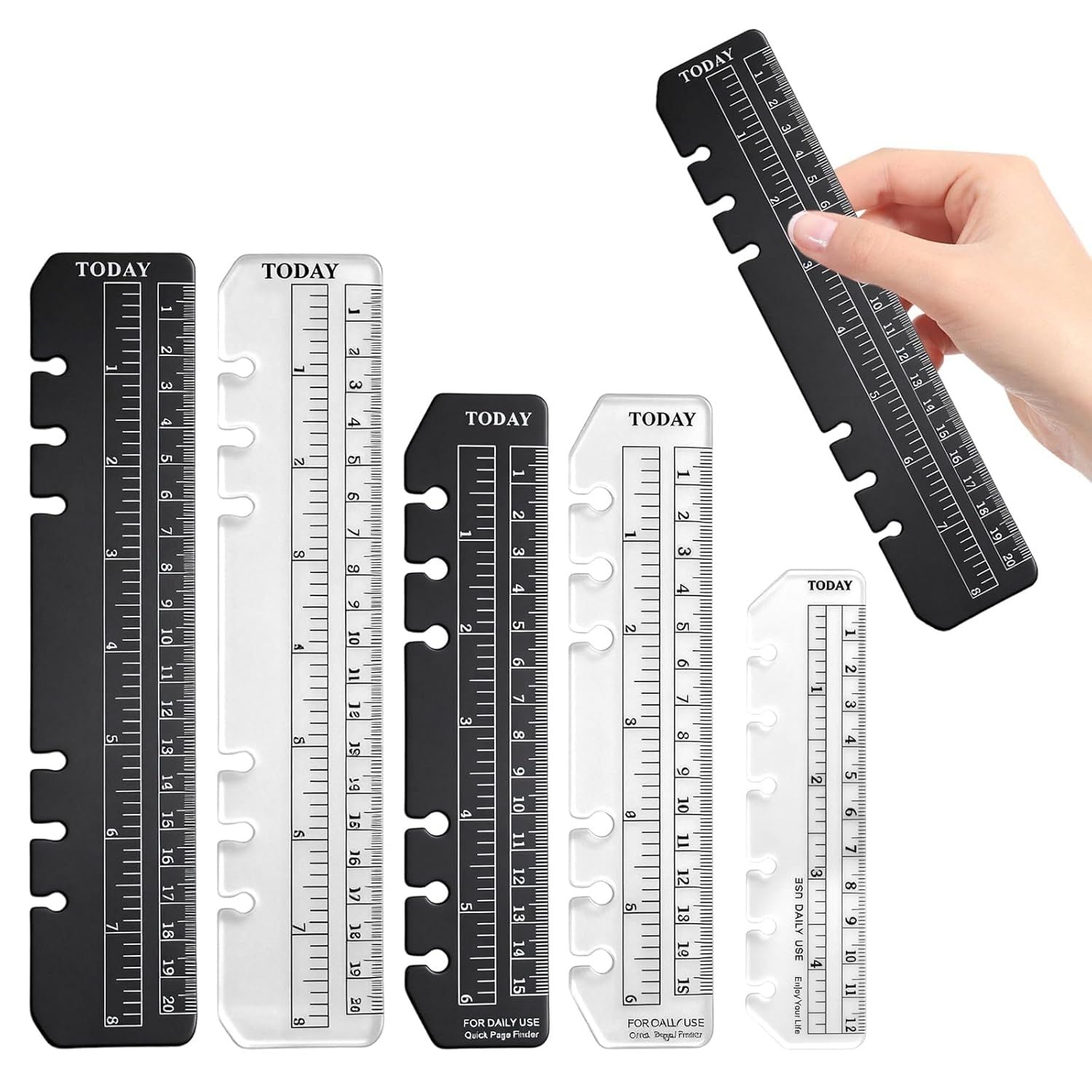 5PCS Planner Ruler for A5 A6 A7 Binder, 6-Ring Page Marker for Spiral Notebook, Snap-in Plastic Bookmark Rulers, 6-Hole Ruler Inser Planner Bookmark for A5 A6 A7 Black/Clear