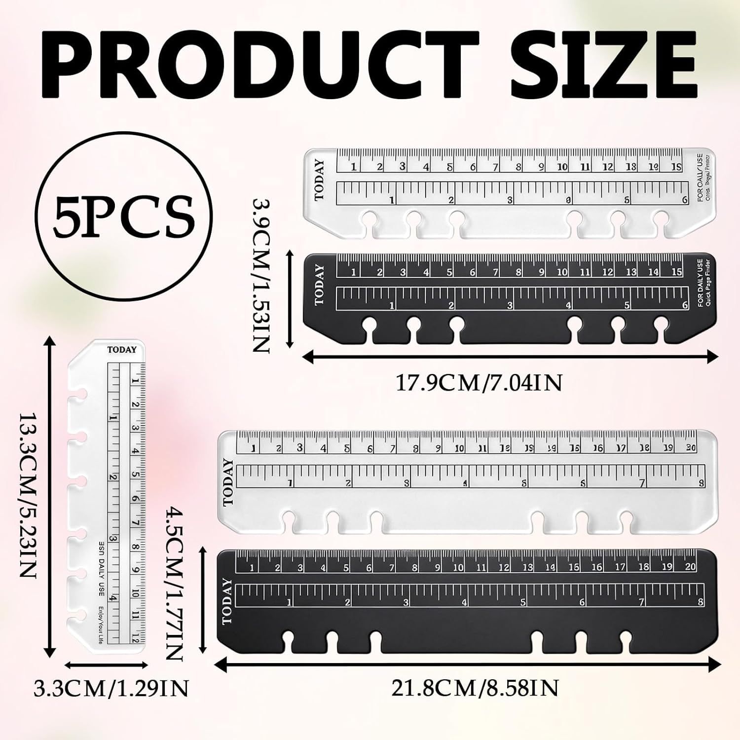 5PCS Planner Ruler for A5 A6 A7 Binder, 6-Ring Page Marker for Spiral Notebook, Snap-in Plastic Bookmark Rulers, 6-Hole Ruler Inser Planner Bookmark for A5 A6 A7 Black/Clear