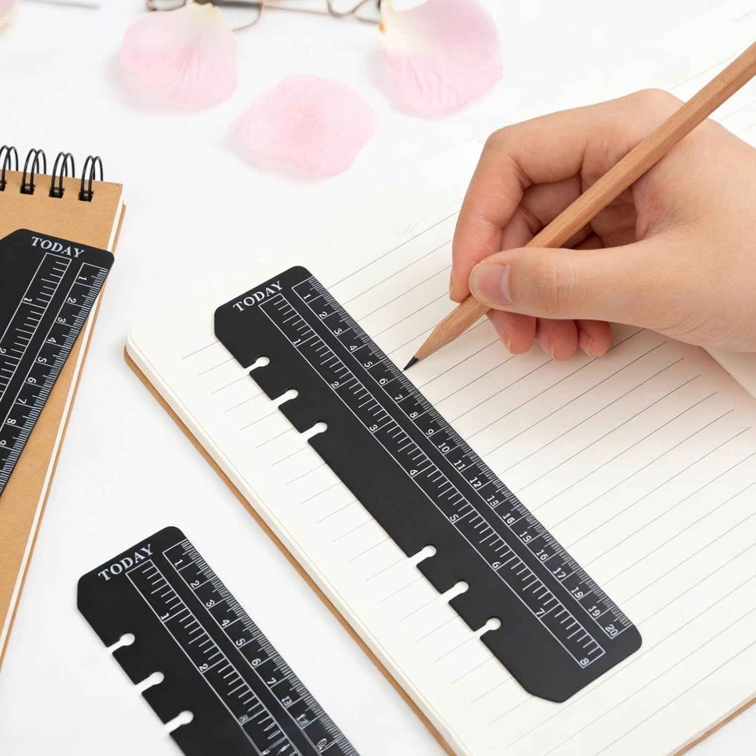 5PCS Planner Ruler for A5 A6 A7 Binder, 6-Ring Page Marker for Spiral Notebook, Snap-in Plastic Bookmark Rulers, 6-Hole Ruler Inser Planner Bookmark for A5 A6 A7 Black/Clear