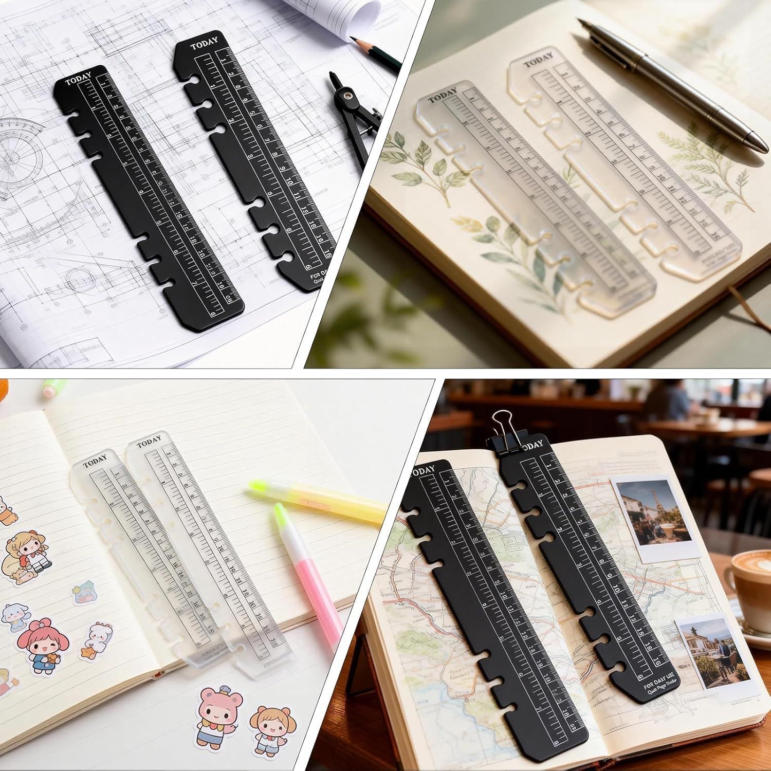 5PCS Planner Ruler for A5 A6 A7 Binder, 6-Ring Page Marker for Spiral Notebook, Snap-in Plastic Bookmark Rulers, 6-Hole Ruler Inser Planner Bookmark for A5 A6 A7 Black/Clear