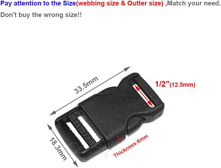CooBigo 10pcs 1/2" 12.5mm Side Release Buckles Plastic Black Quick Adjustable Buckle For Backpack Strap DIY Pets Collar Accessory