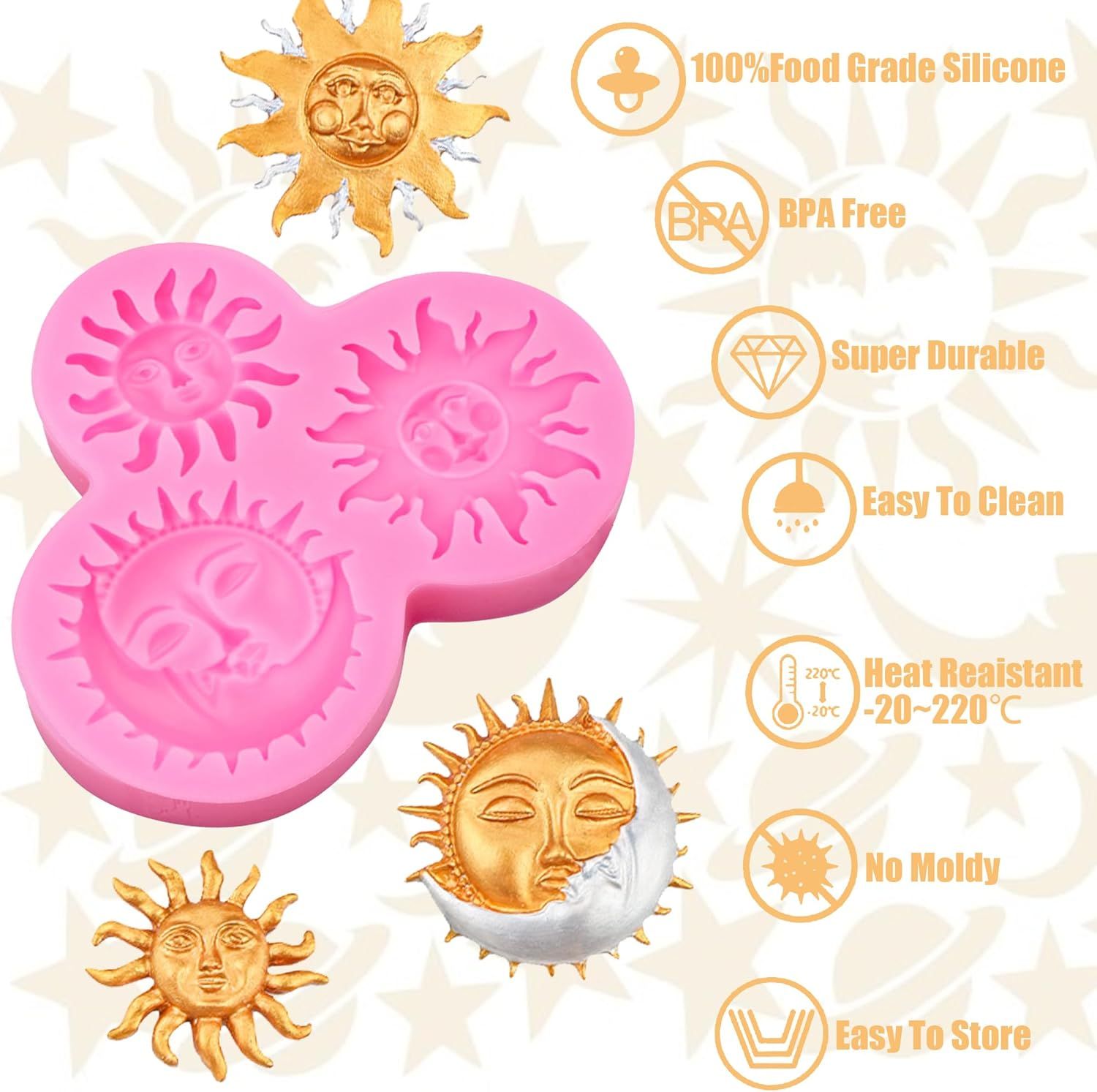 Sun Moon Face Fondant Mold, Silicone Chocolate Candy Mold for DIY Baking Sugar Craft Gum Resin Clay Cake Decorating, Pink
