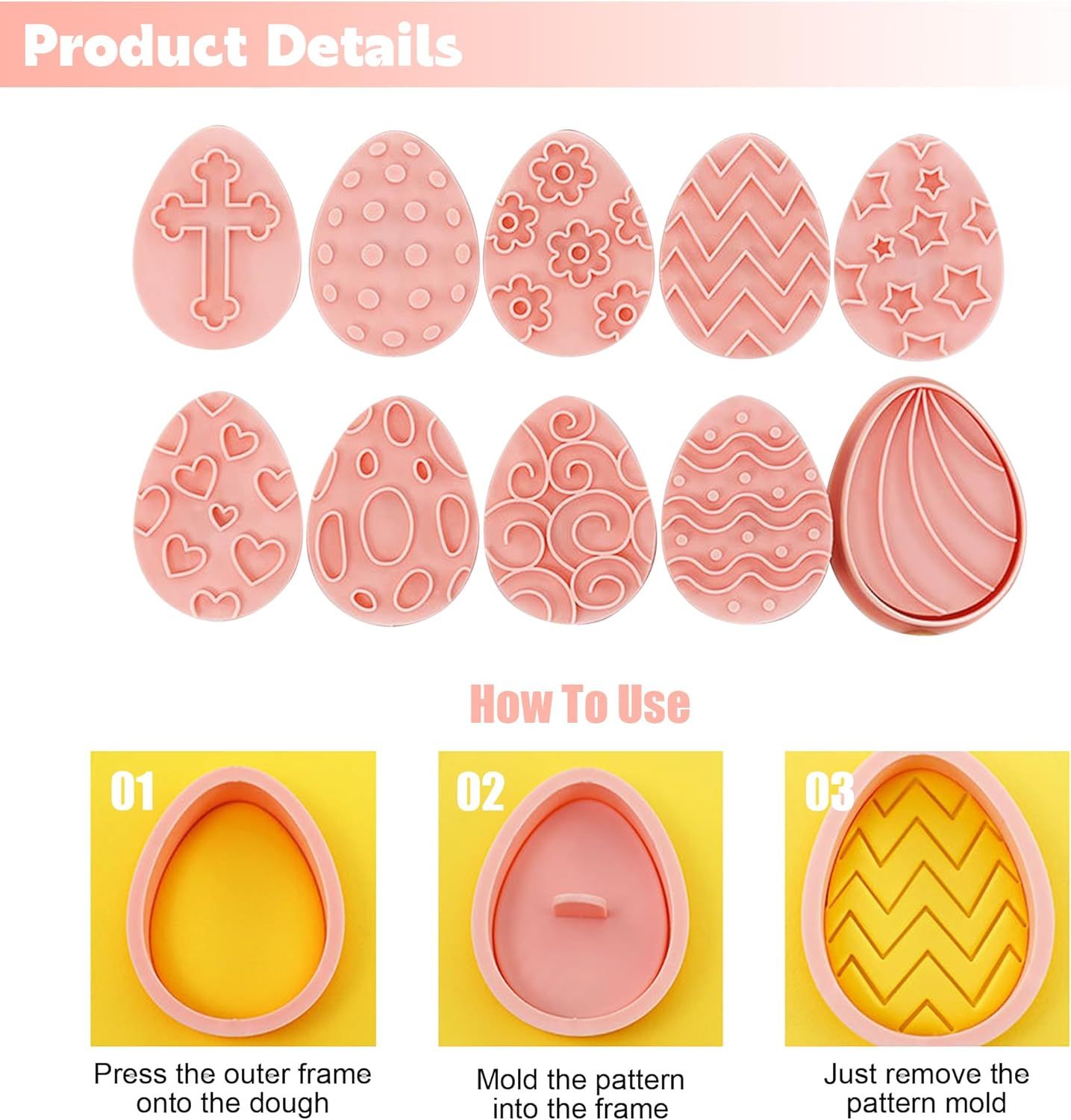 10 Pieces Easter Egg Cookie Cutters Easter Cookie Stamps 3D Plastic Embossing Mold Press Cookie Mould Set Baking Kitchen Tools for Holiday Birthday Party Biscuit Fondant Snacks Making